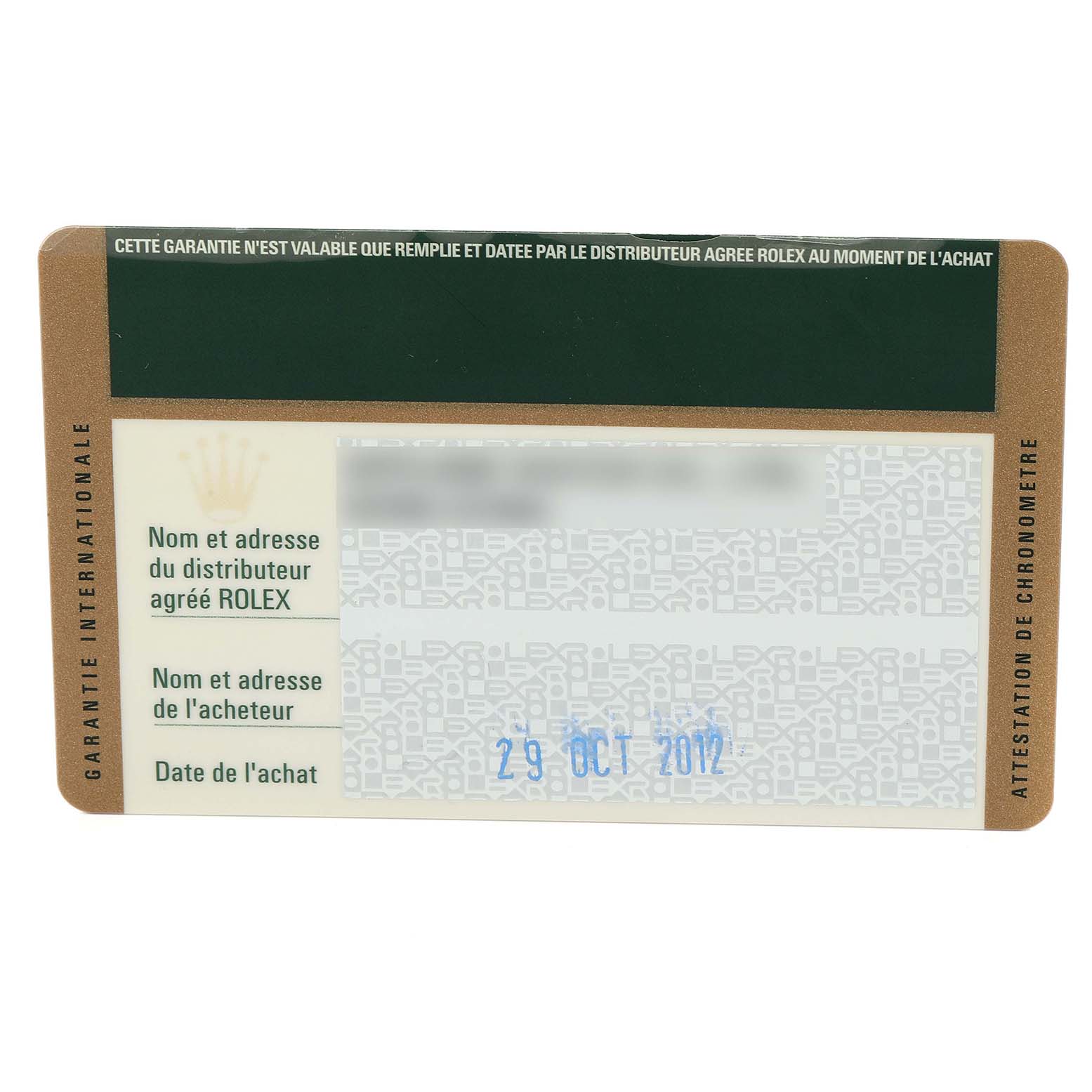 The image shows the warranty card of a Rolex Submariner 116610 Men
s Stainless Steel Black Dial 116610 Men
s Stainless Steel Black Dial watch, with both French and English text.