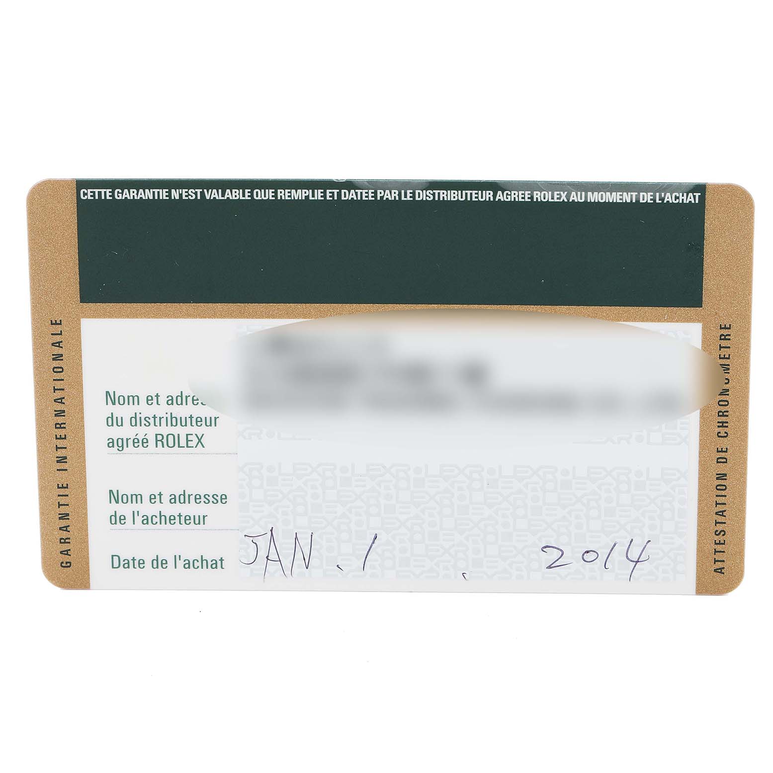 This image shows the warranty card for the Rolex Submariner 116610 Men
s Stainless Steel Black Dial 116610 Men
s Stainless Steel Black Dial watch, displaying purchase details.