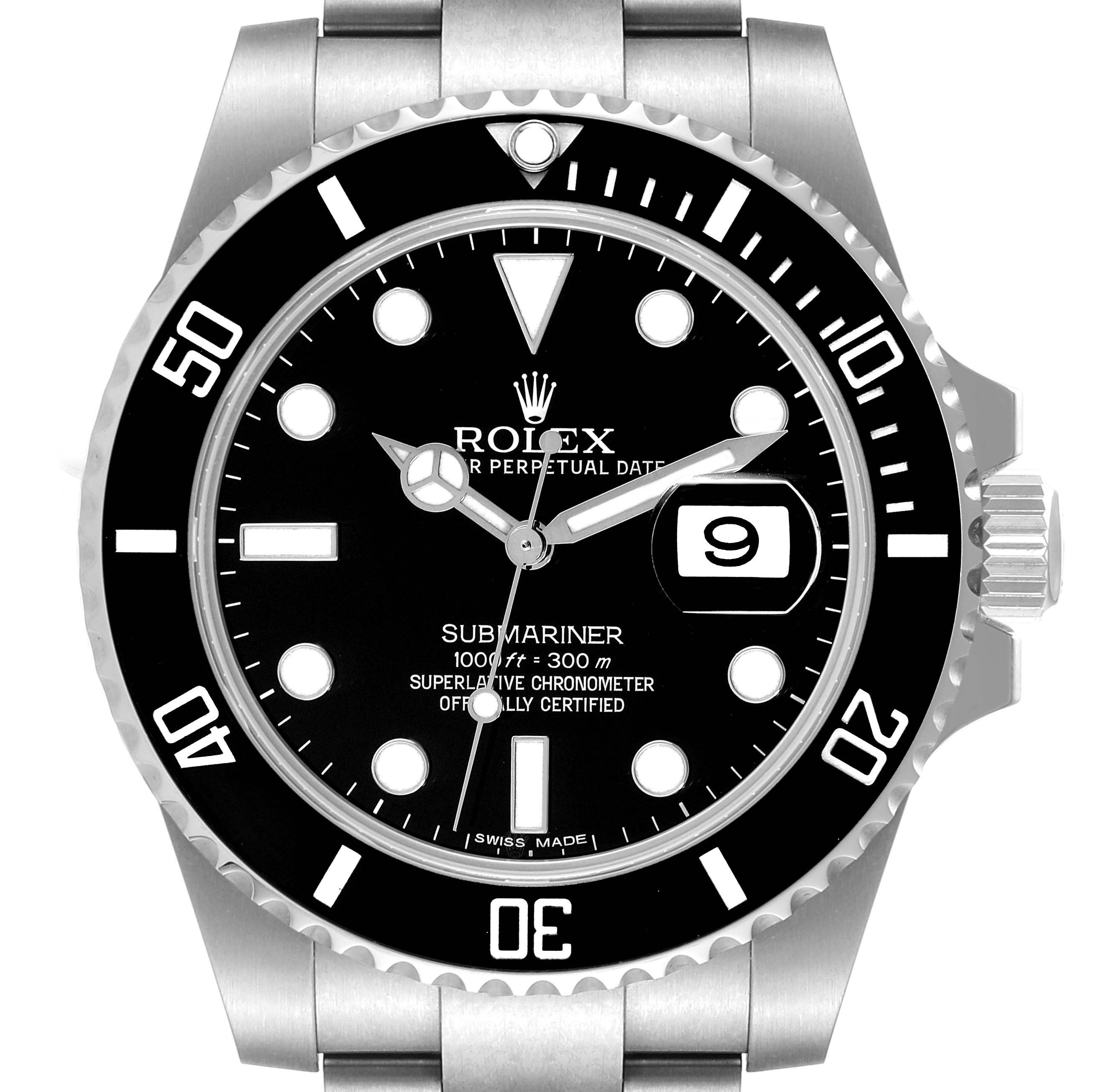 This image shows a front view of the Rolex Submariner 116610 Men
s Stainless Steel Black Dial 116610 Men
s Stainless Steel Black Dial watch, highlighting the dial, hands, bezel, and part of the bracelet.