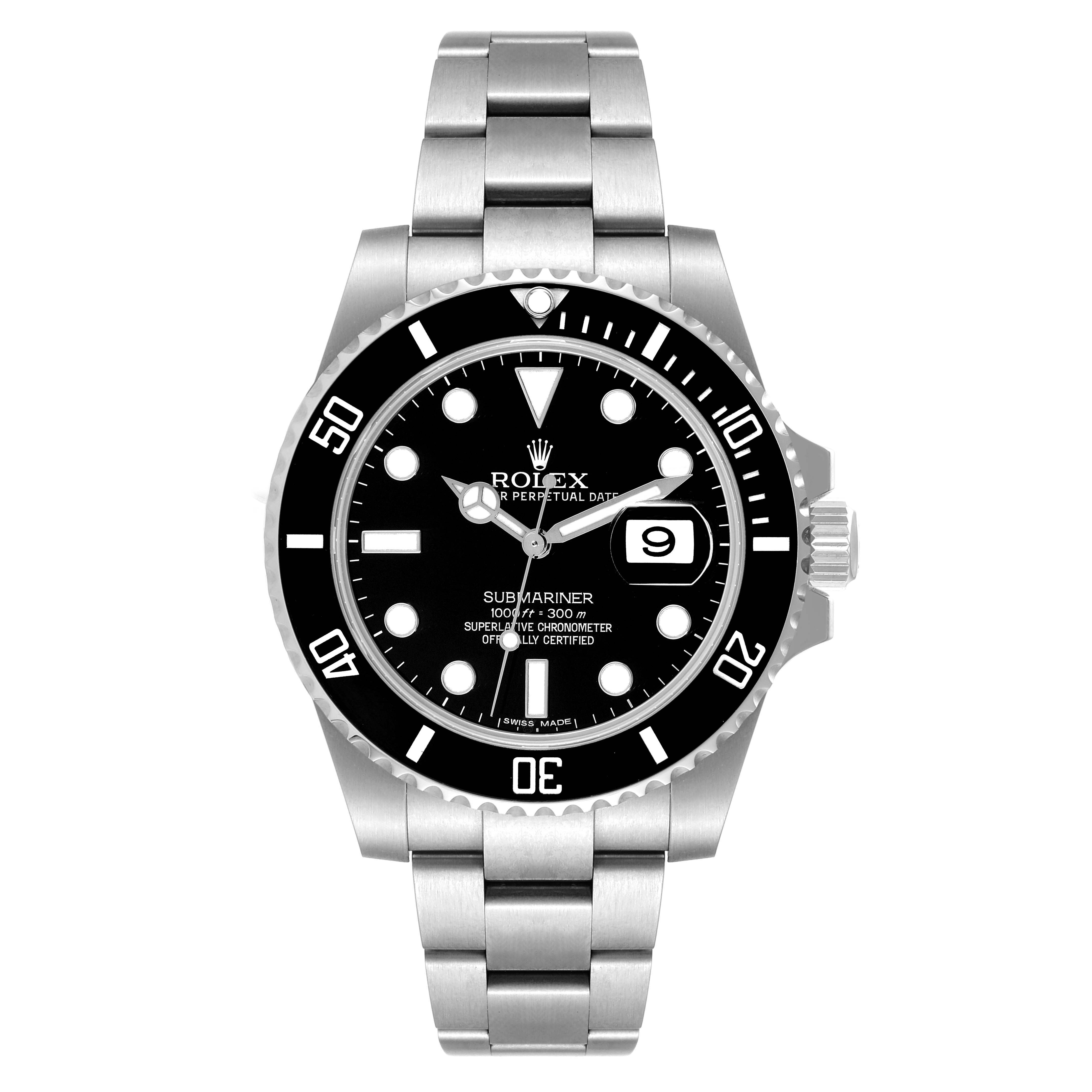 This image shows a front view of the Rolex Submariner 116610 Men
s Stainless Steel Black Dial 116610 Men
s Stainless Steel Black Dial watch, highlighting its dial, bezel, and bracelet.