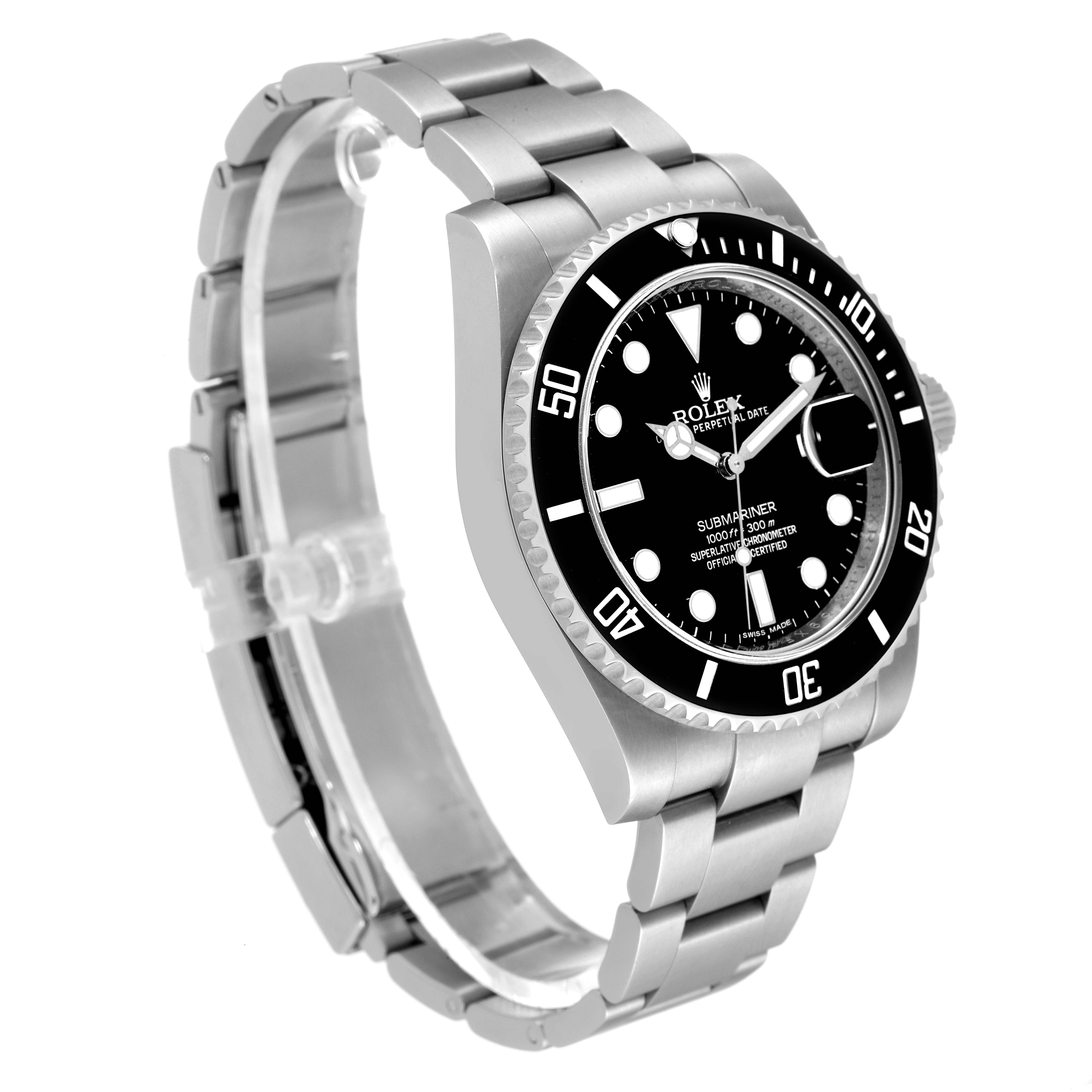 The image displays a Rolex Submariner 116610 Men
s Stainless Steel Black Dial 116610 Men
s Stainless Steel Black Dial watch from a front-angle view, showcasing its dial, bezel, and stainless steel bracelet.