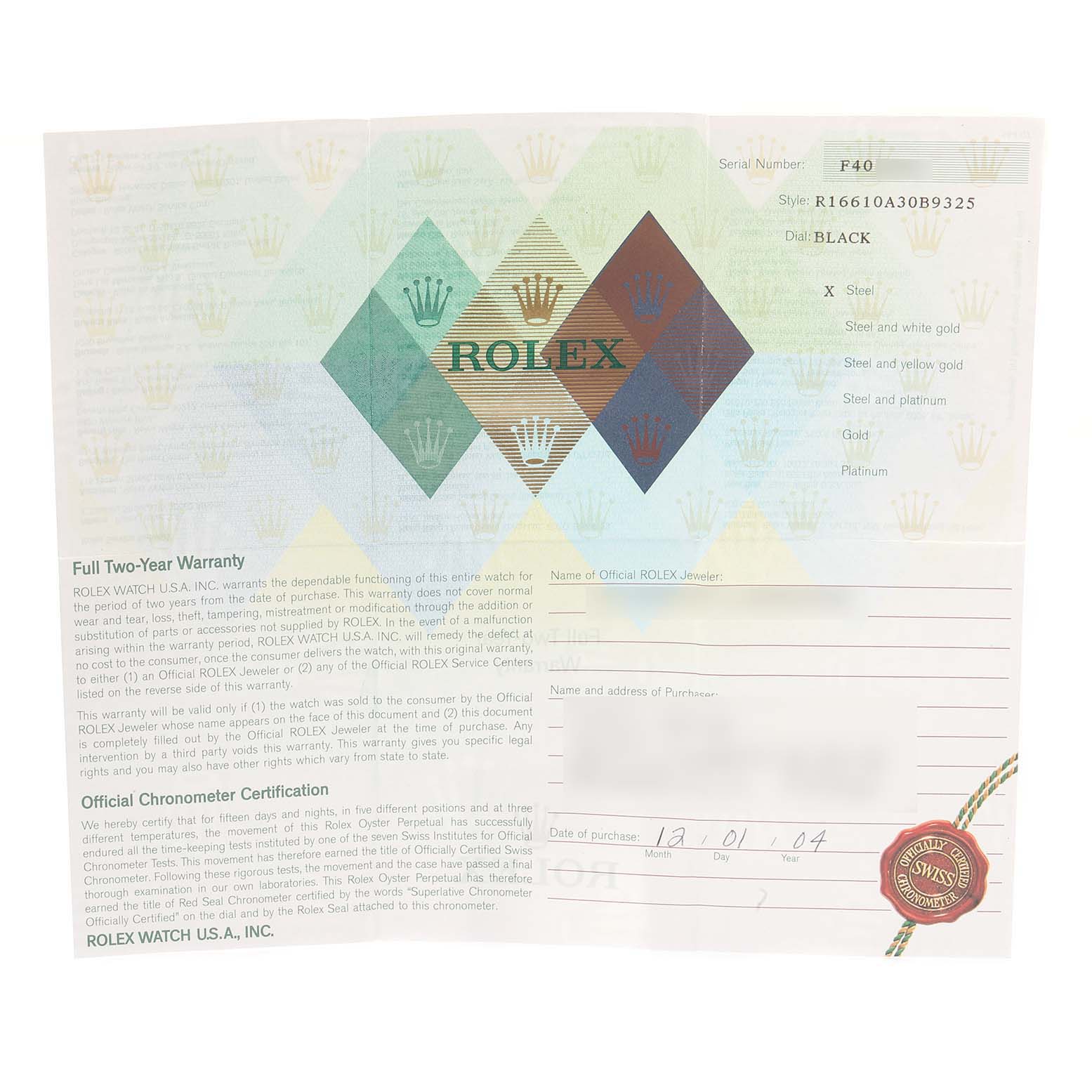 The image shows a warranty card for a Rolex Submariner 16610 Men
s Stainless Steel Black Dial 16610 Men
s Stainless Steel Black Dial watch, detailing warranty information and purchase details.