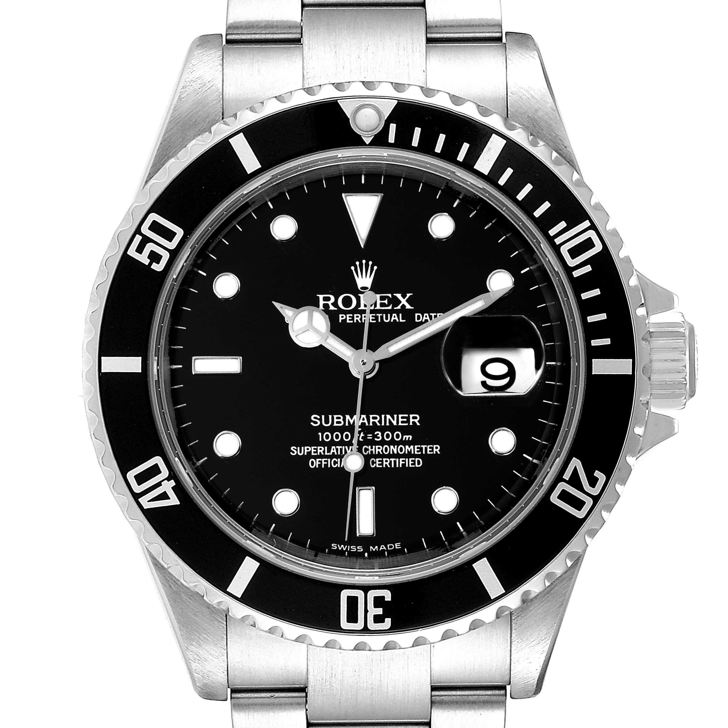 The image shows a frontal view of the Rolex Submariner 16610 Men
s Stainless Steel Black Dial 16610 Men
s Stainless Steel Black Dial watch, highlighting its dial, bezel, and stainless steel bracelet.