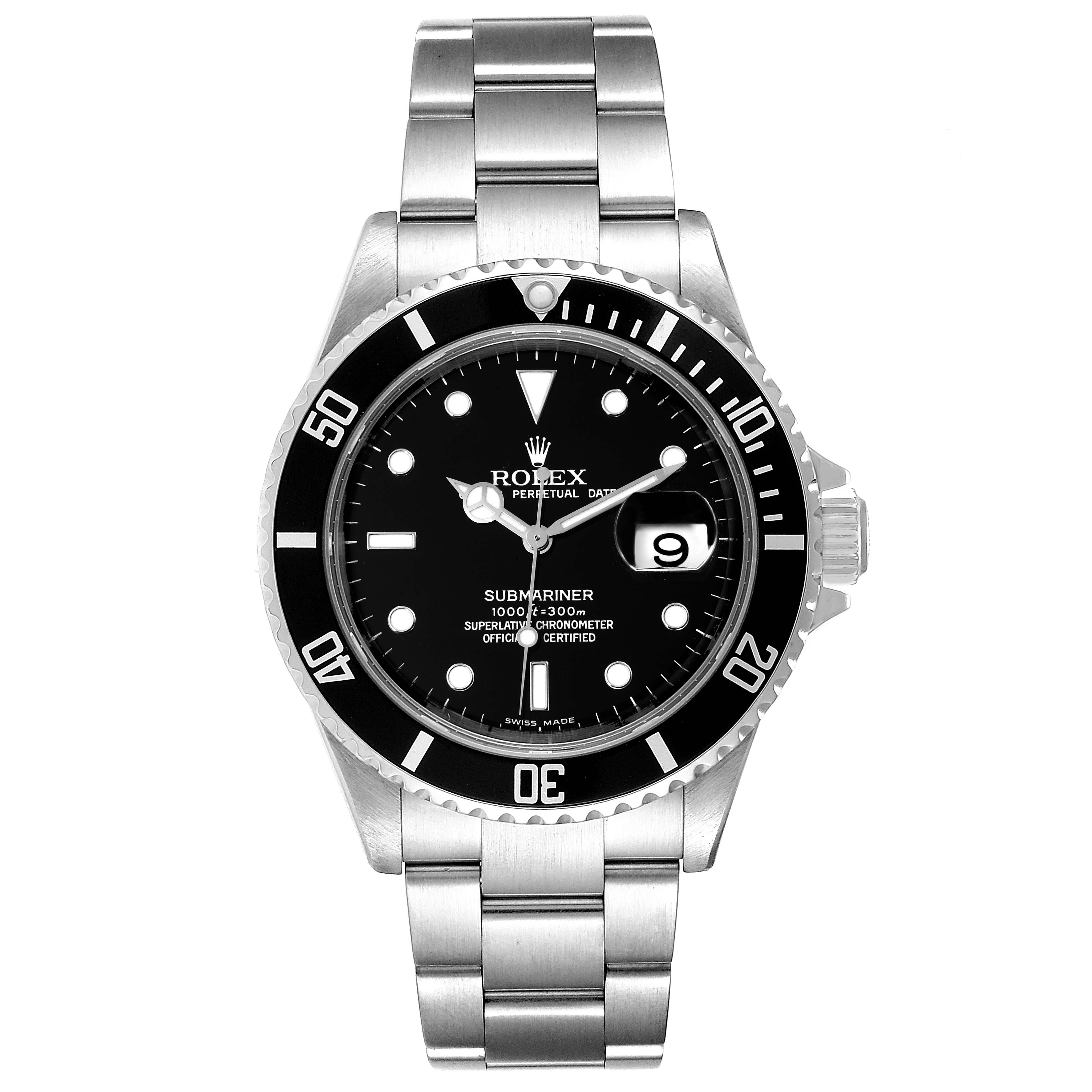 This image shows a front view of a Rolex Submariner 16610 Men
s Stainless Steel Black Dial 16610 Men
s Stainless Steel Black Dial watch, displaying its dial, bezel, case, and bracelet.