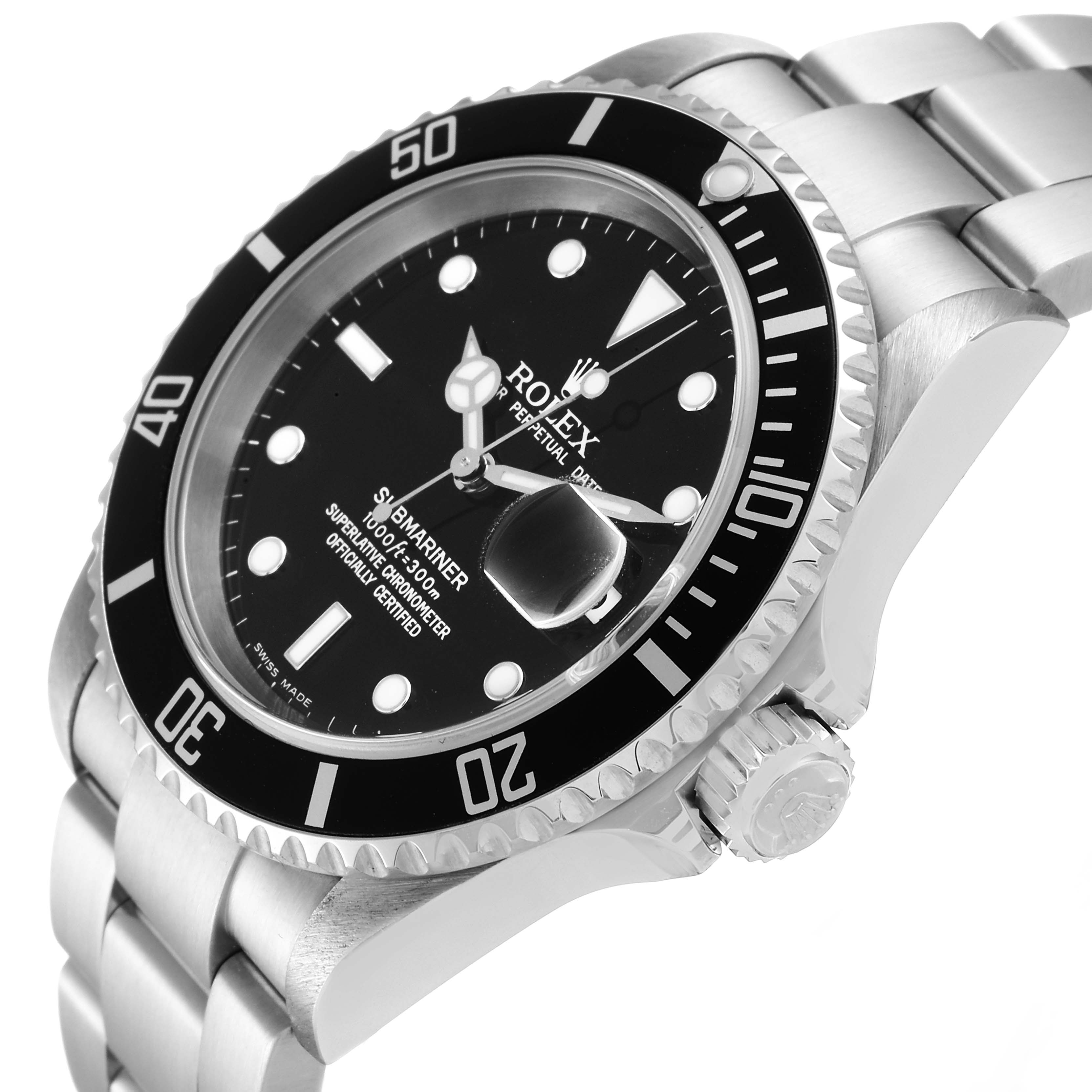 The image shows the Rolex Submariner 16610 Men
s Stainless Steel Black Dial 16610 Men
s Stainless Steel Black Dial watch from a right-side angle, highlighting the bezel, crown, and part of the bracelet.