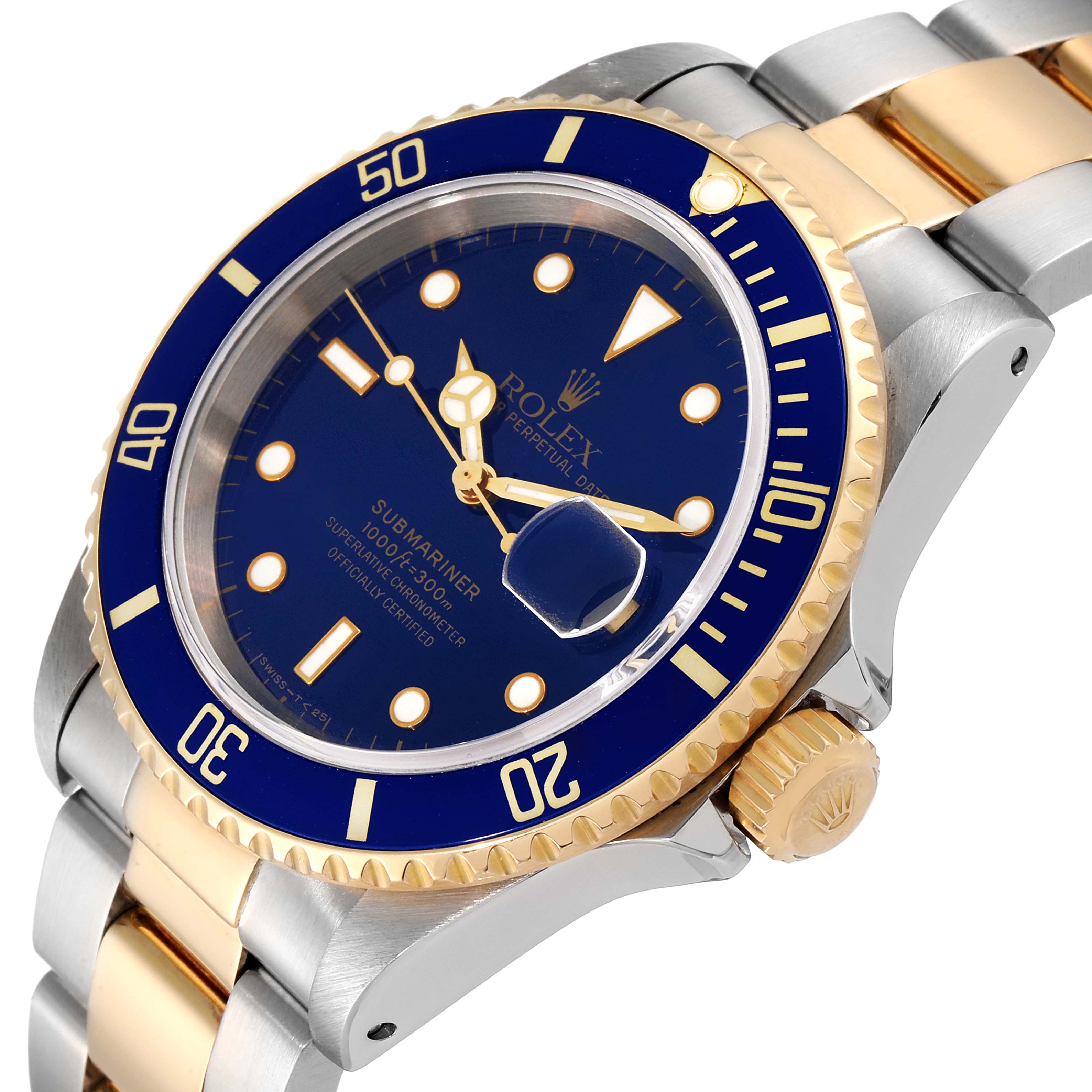 The image shows a Rolex Submariner 16613 Men's Steel and Gold (two tone) Blue Dial 16613 Men's Steel and Gold (two tone) Blue Dial watch at an angled view highlighting the blue dial, bezel, crown, and two-tone bracelet.