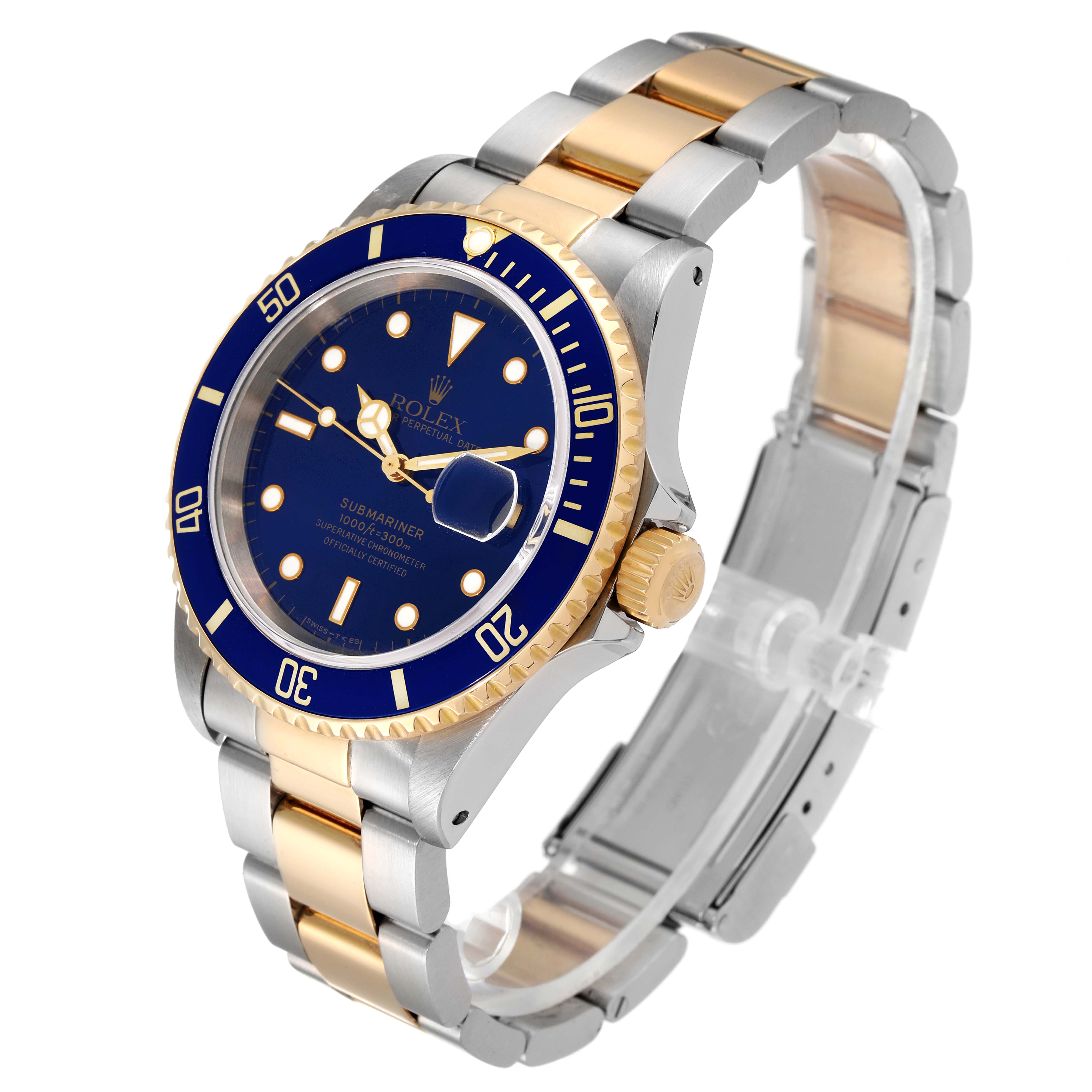 The image shows a Rolex Submariner 16613 Men's Steel and Gold (two tone) Blue Dial 16613 Men's Steel and Gold (two tone) Blue Dial watch angled to display the face, bezel, crown, and part of the bracelet clearly.