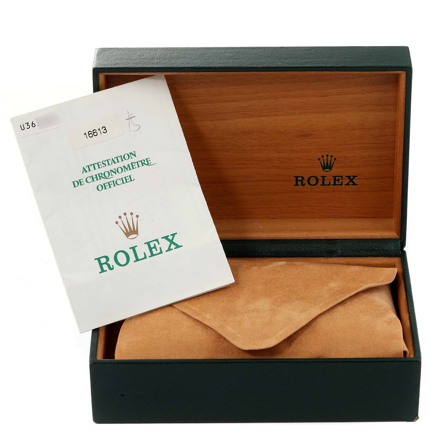 The image shows a Rolex Submariner 16613 Men's Steel and Gold (two tone) Blue Dial 16613 Men's Steel and Gold (two tone) Blue Dial watch box from a front angle, with a certification booklet and a suede pouch inside.