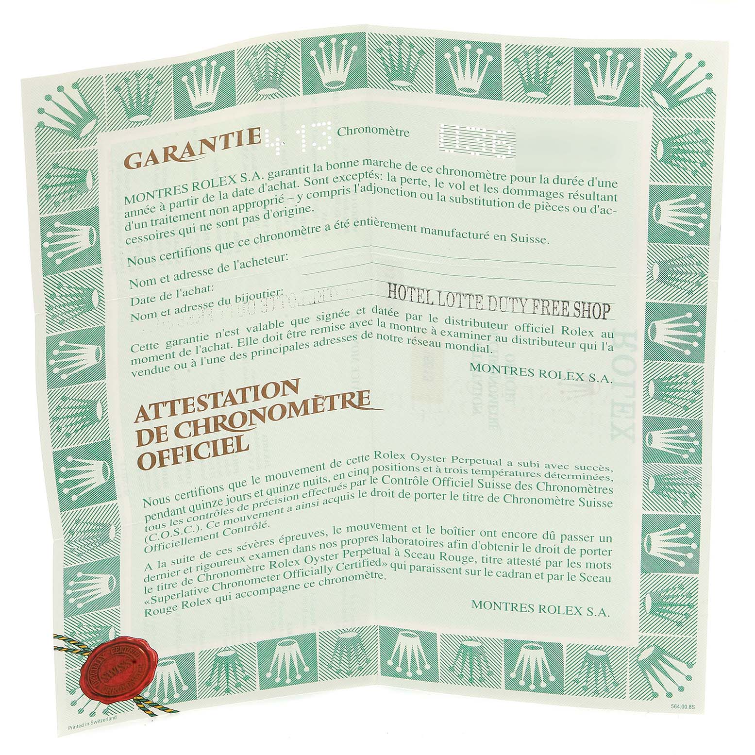 This image shows a warranty card and official chronometer certification for a Rolex Submariner 16613 Men's Steel and Gold (two tone) Blue Dial 16613 Men's Steel and Gold (two tone) Blue Dial watch.