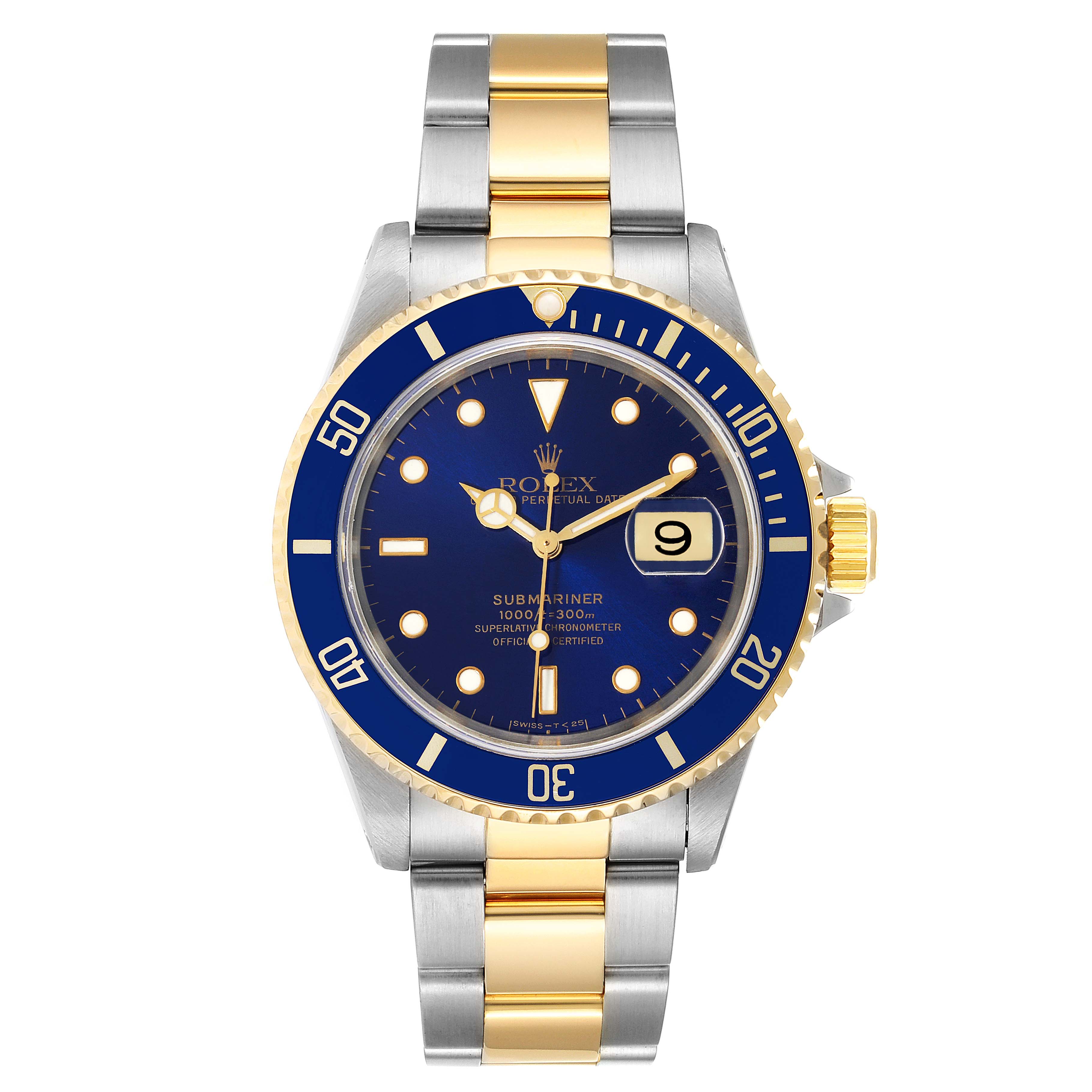 The image shows a front view of a Rolex Submariner 16613 Men's Steel and Gold (two tone) Blue Dial 16613 Men's Steel and Gold (two tone) Blue Dial watch featuring a blue dial, gold accents, and a date window.