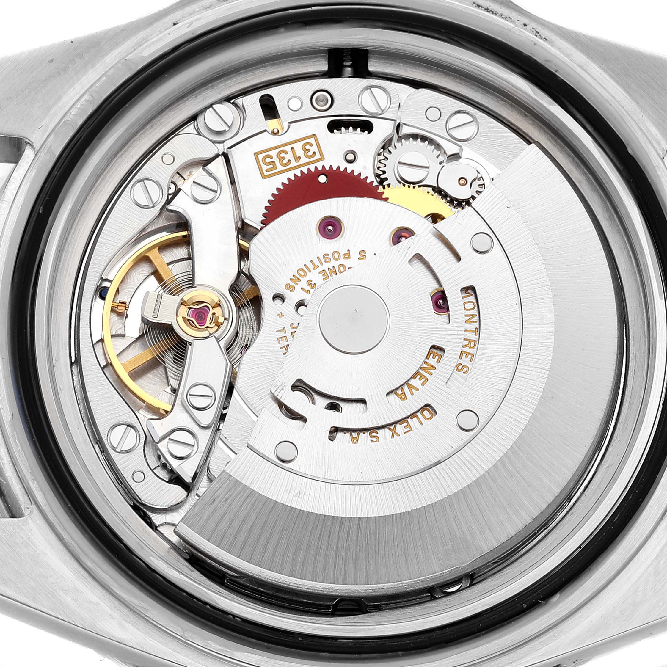 This image shows the intricate inner mechanism of a Rolex Submariner 16613 Men's Steel and Gold (two tone) Blue Dial 16613 Men's Steel and Gold (two tone) Blue Dial watch from a rear angle, displaying its movement parts.