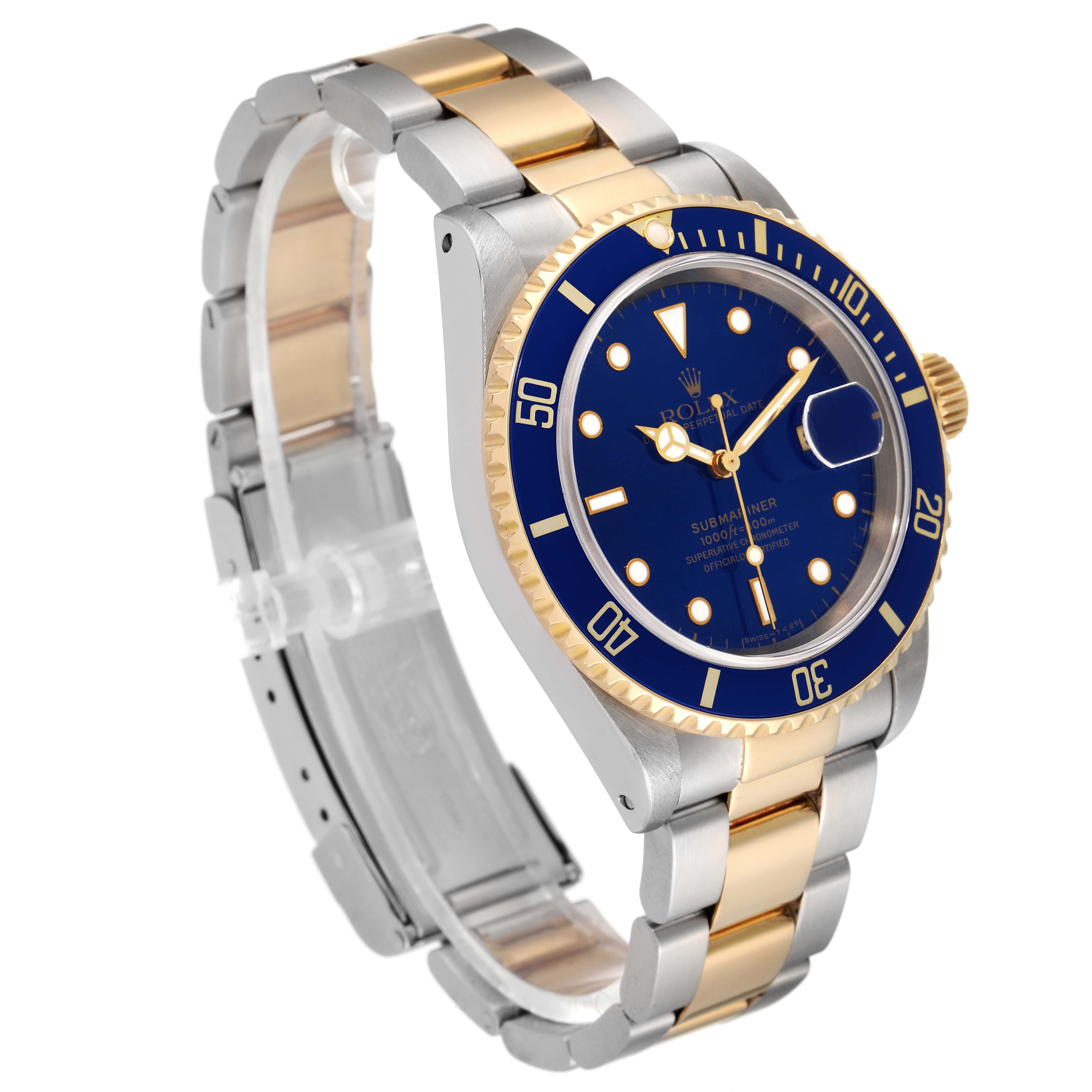 The image shows a Rolex Submariner 16613 Men's Steel and Gold (two tone) Blue Dial 16613 Men's Steel and Gold (two tone) Blue Dial watch from a left-side angle, highlighting its two-tone bracelet, blue bezel, and dial.