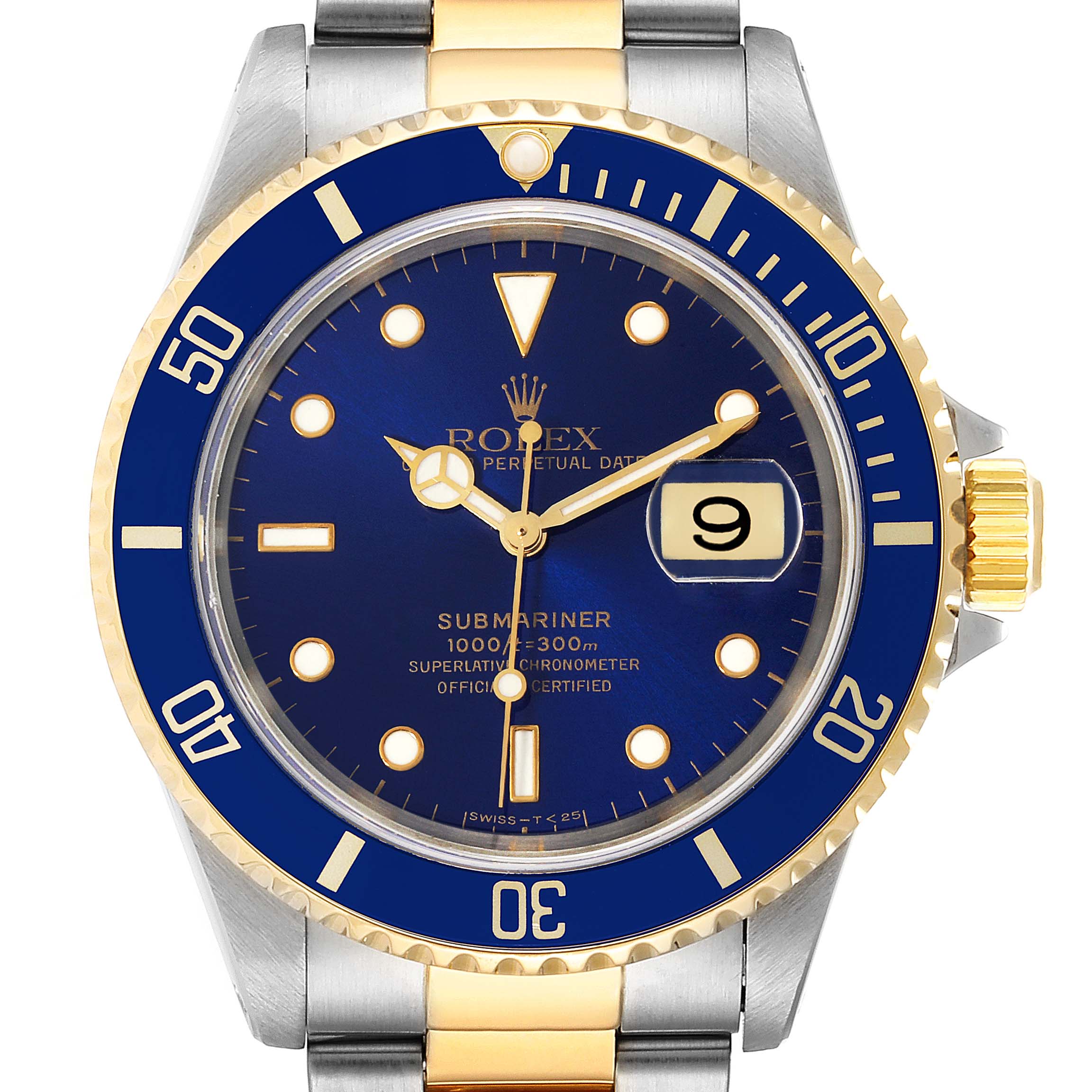 The image shows a front view of a Rolex Submariner 16613 Men's Steel and Gold (two tone) Blue Dial 16613 Men's Steel and Gold (two tone) Blue Dial watch with a blue dial and gold accents.