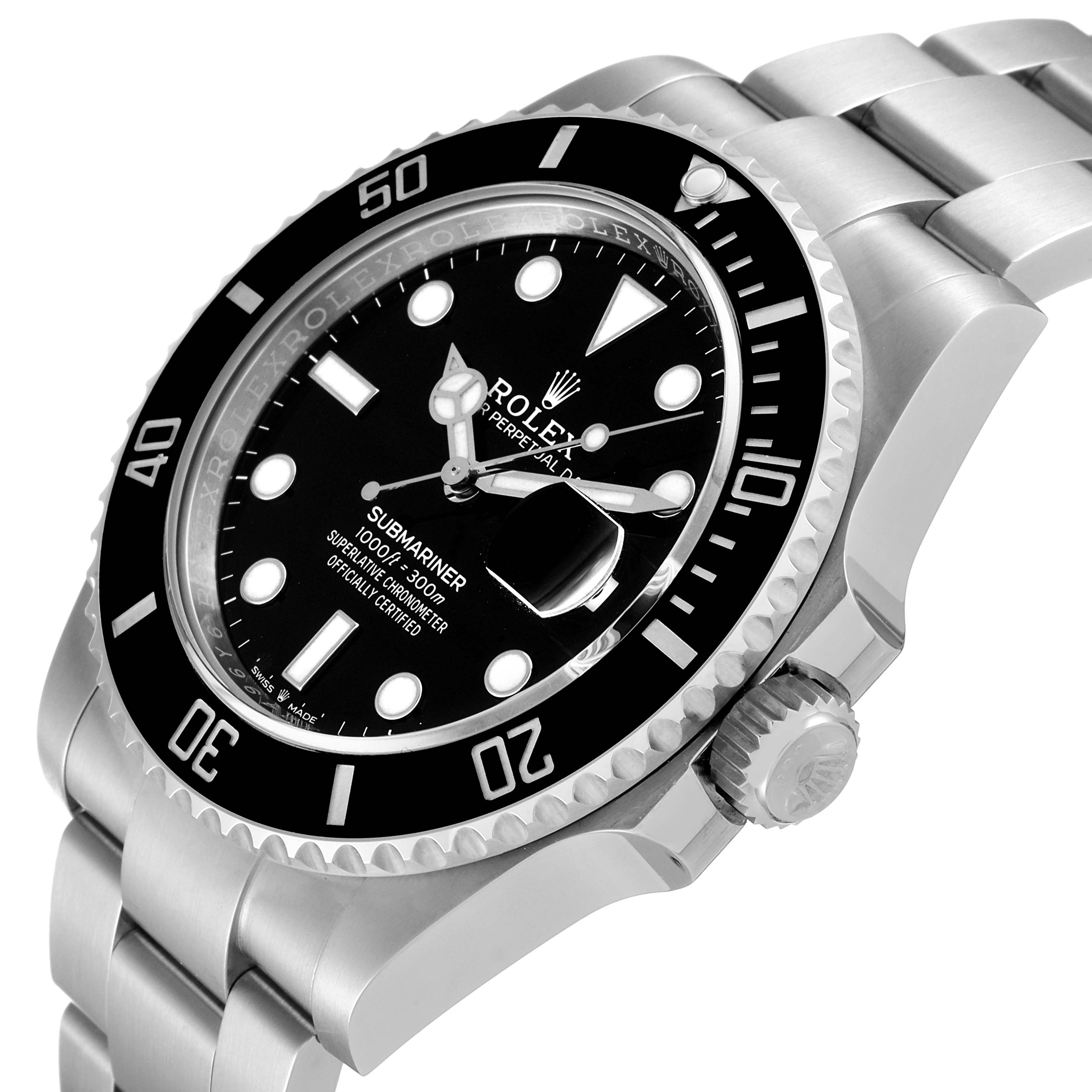 The image shows a side and front angle of a Rolex Submariner 126610 Men
s Stainless Steel Black Dial 126610 Men
s Stainless Steel Black Dial watch, highlighting the dial, bezel, and bracelet.