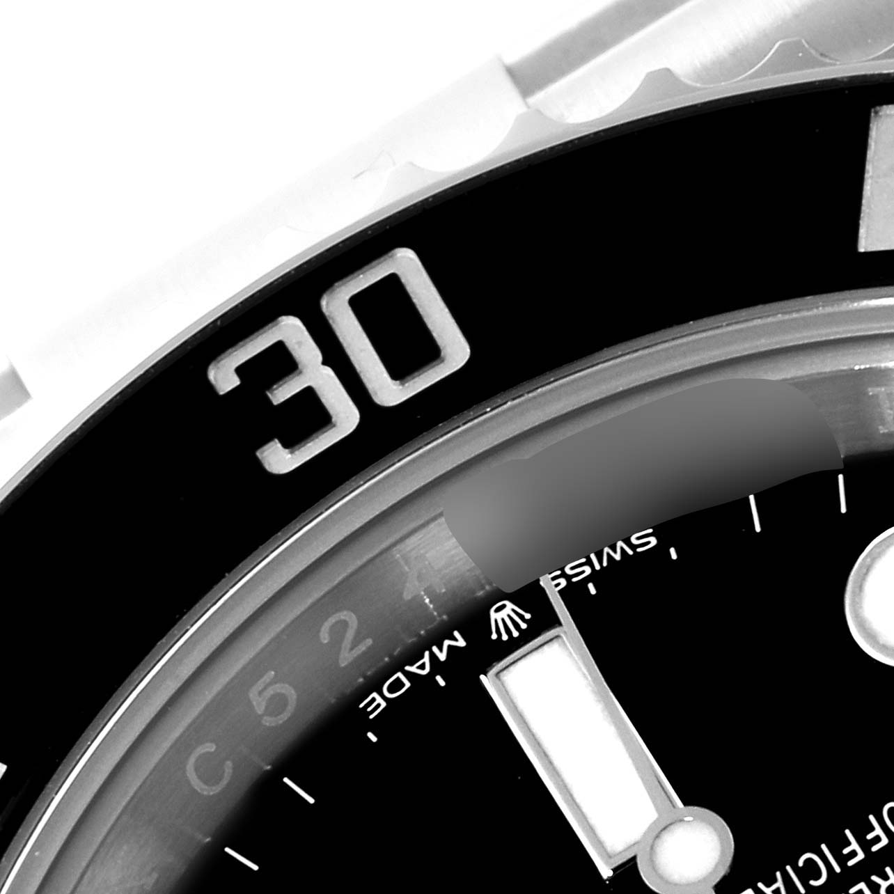 This close-up image shows the bezel and part of the dial of a Rolex Submariner 126610 Men
s Stainless Steel Black Dial 126610 Men
s Stainless Steel Black Dial watch.