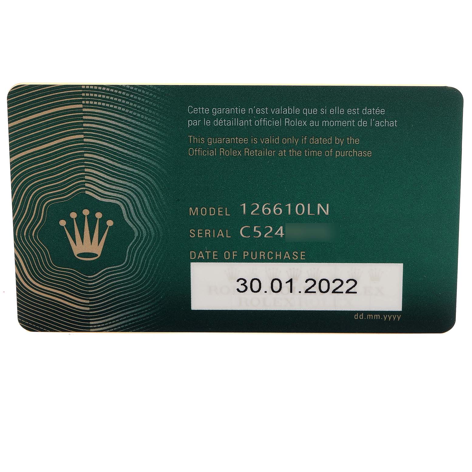 This image shows the warranty card for the Rolex Submariner 126610 Men
s Stainless Steel Black Dial 126610 Men
s Stainless Steel Black Dial model 126610LN, including the serial number and purchase date.