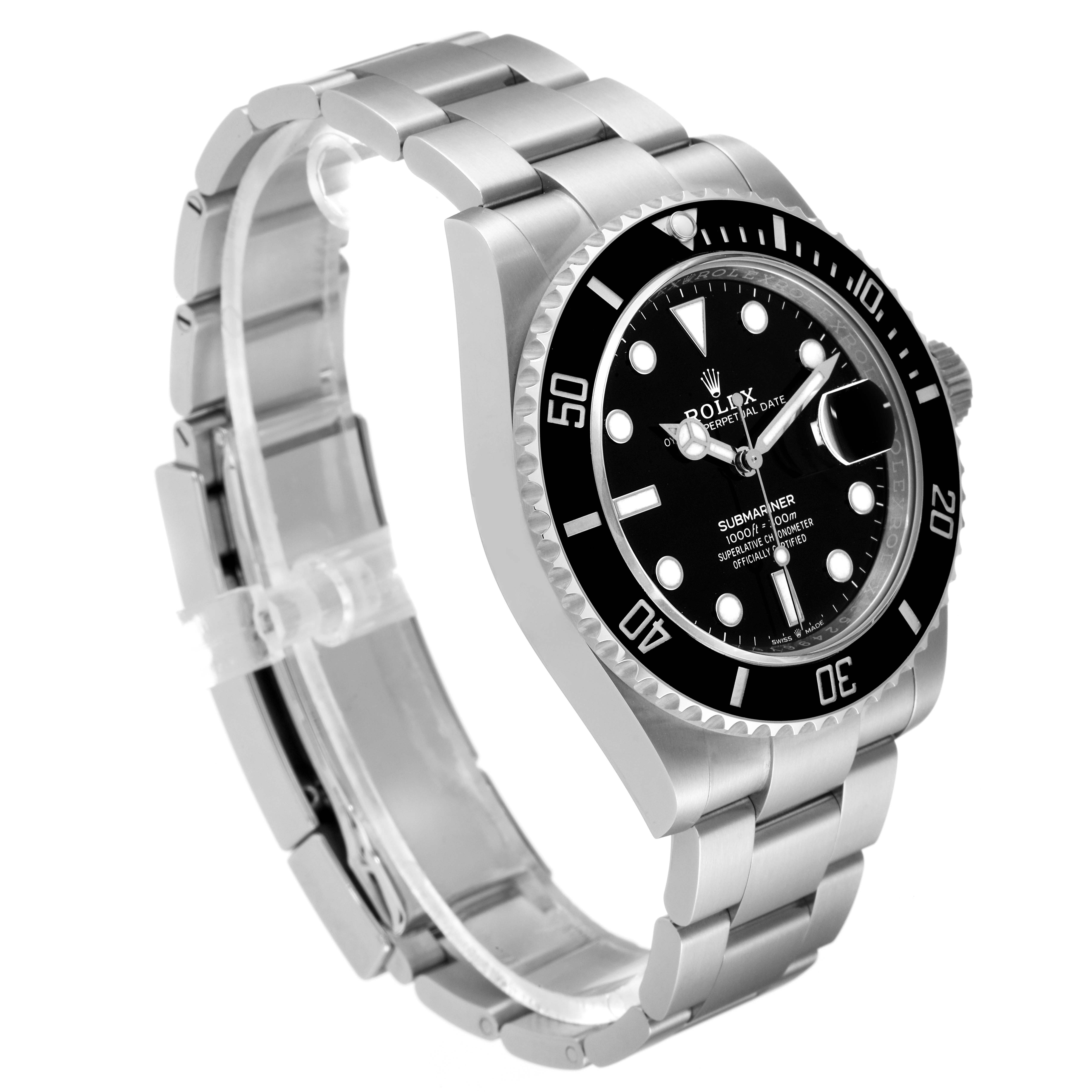 The image shows a side-angle view of a Rolex Submariner 126610 Men
s Stainless Steel Black Dial 126610 Men
s Stainless Steel Black Dial watch, highlighting its dial, bezel, and bracelet.