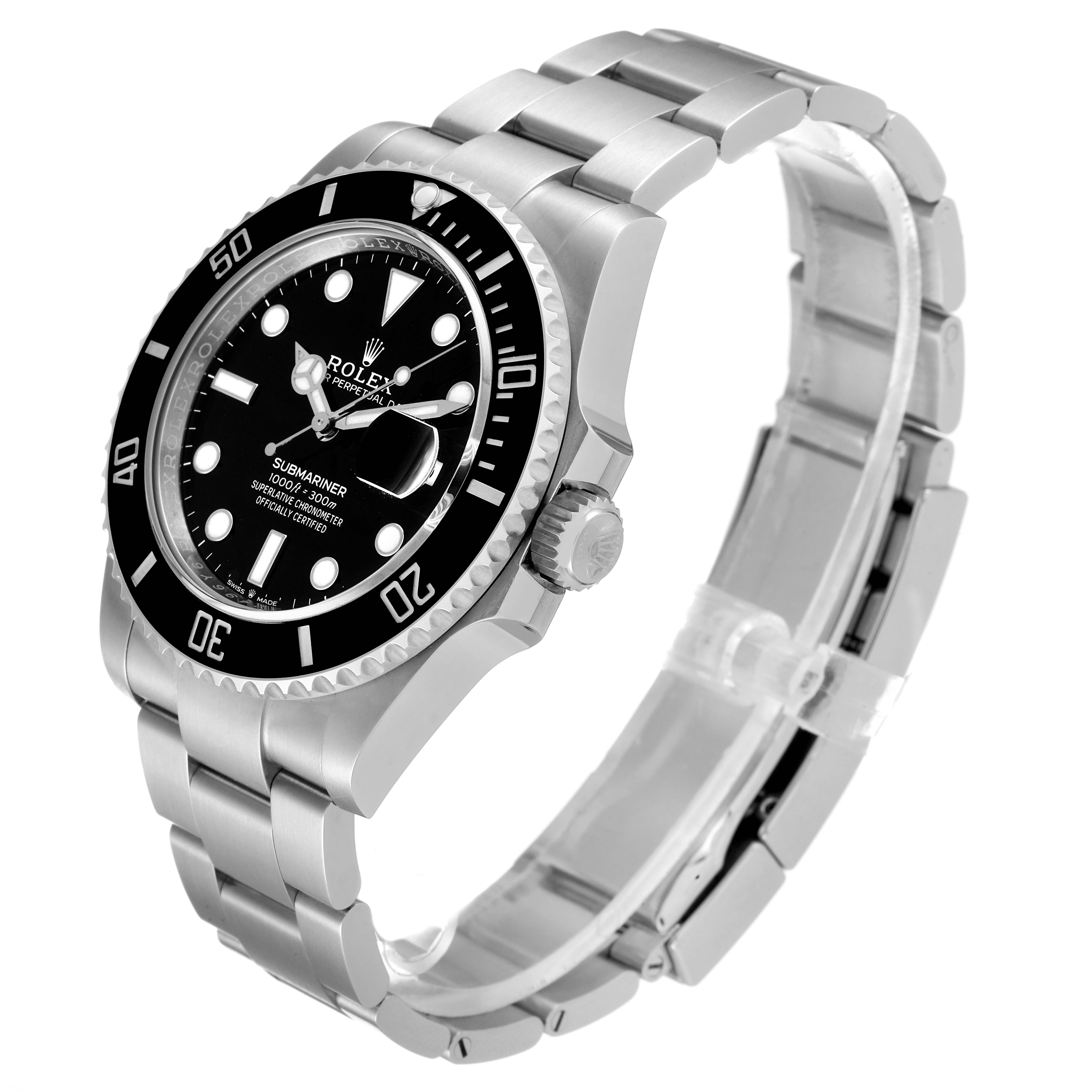 The image shows a Rolex Submariner 126610 Men
s Stainless Steel Black Dial 126610 Men
s Stainless Steel Black Dial watch from a front side angle, highlighting the bezel, dial, and bracelet.
