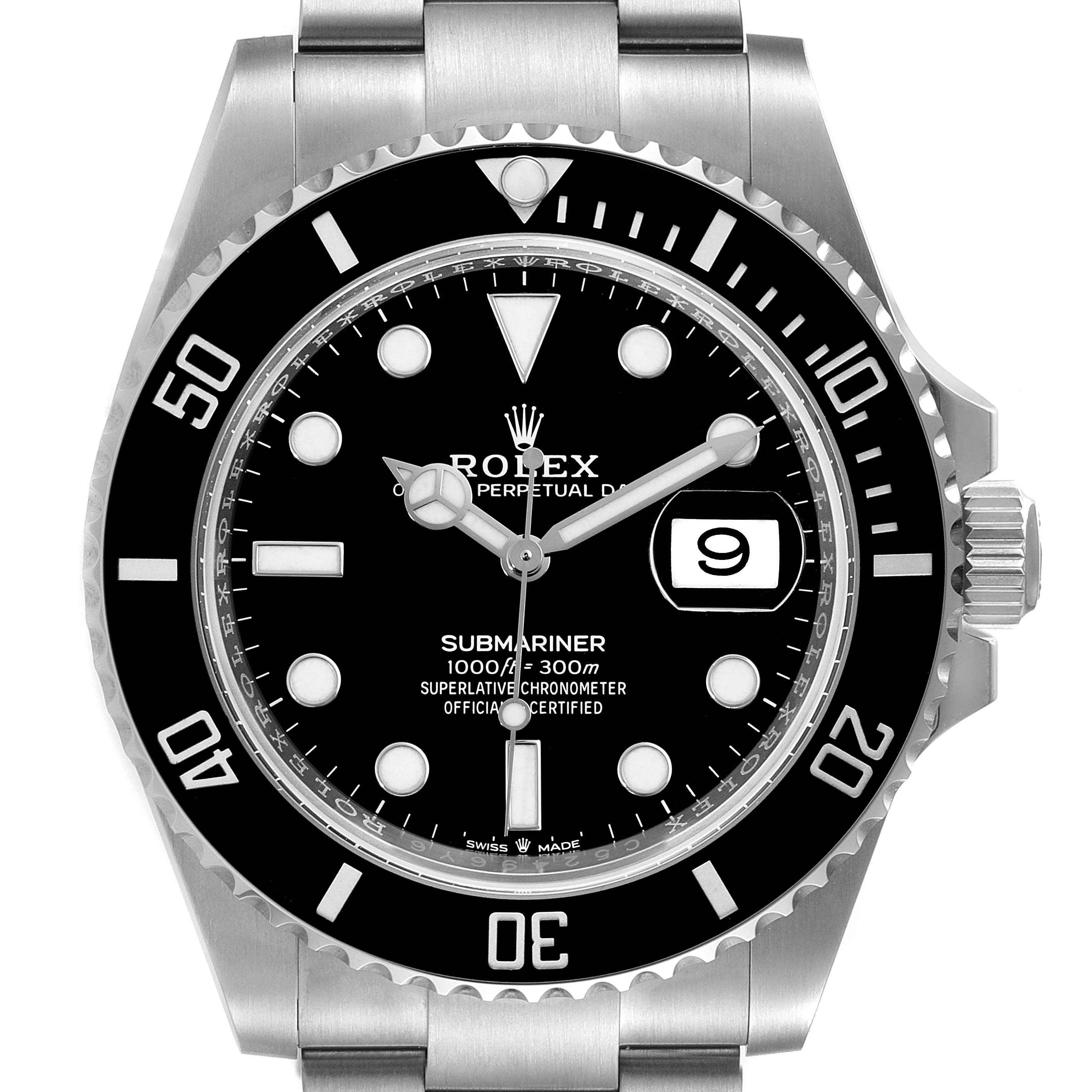 The image shows a frontal view of a Rolex Submariner 126610 Men
s Stainless Steel Black Dial 126610 Men
s Stainless Steel Black Dial watch, displaying its dial, bezel, and part of the bracelet.