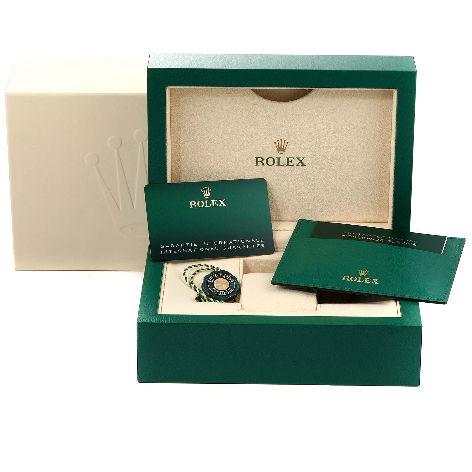 This image shows the packaging and accessories for a Rolex Submariner 126610 Men
s Stainless Steel Black Dial 126610 Men
s Stainless Steel Black Dial, including an open box, guarantee card, and manual.
