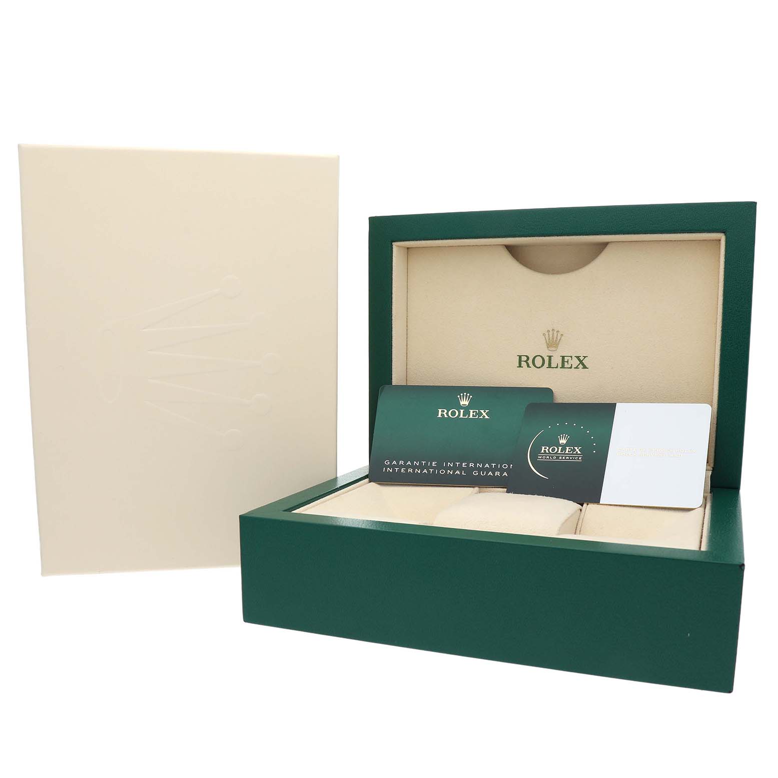 The image shows packaging and accessories for a Rolex Submariner 126610LN Men's Stainless Steel Black Dial, including the box and warranty card, viewed from the front.