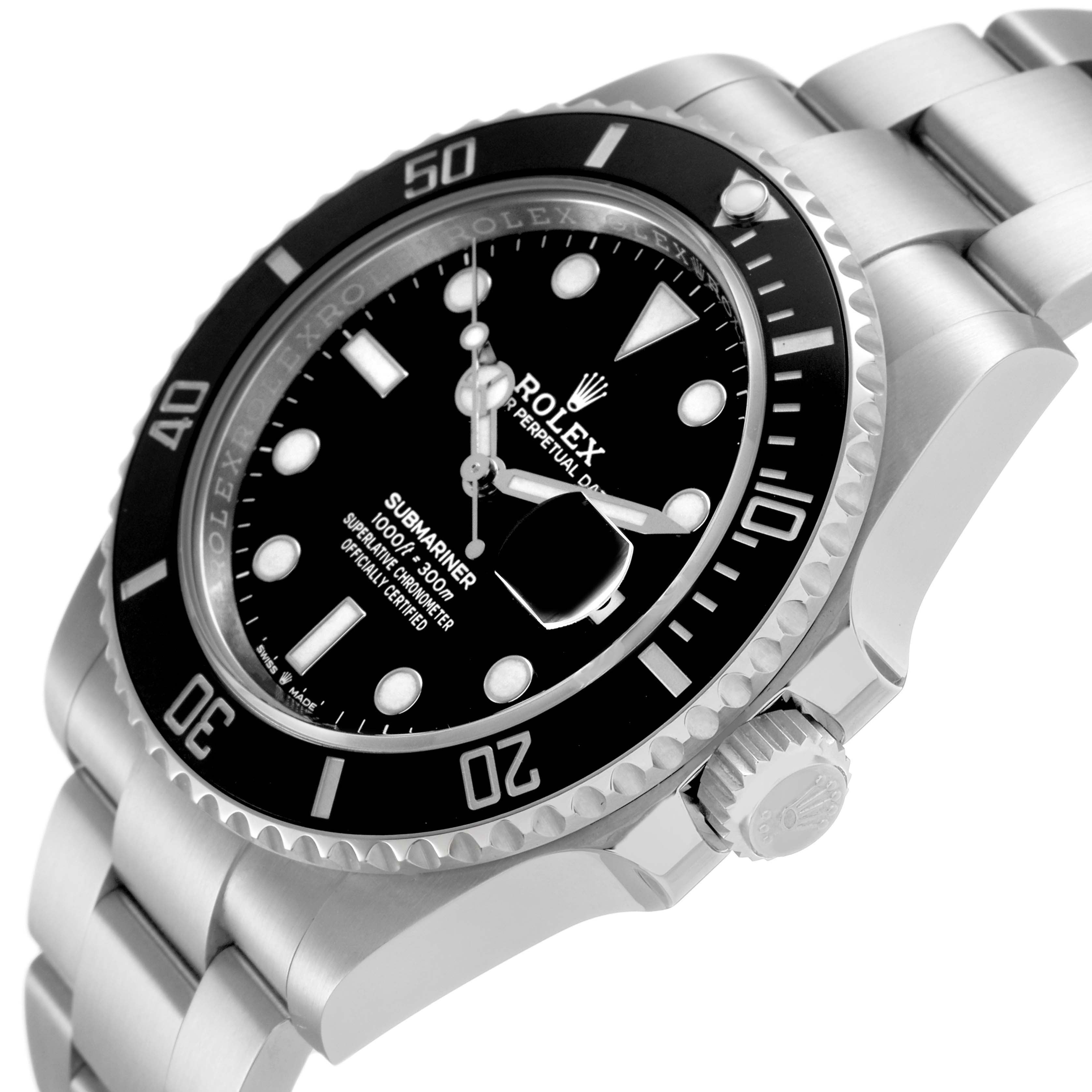 The Rolex Submariner 126610LN Men's Stainless Steel Black Dial watch is shown at a slight angle highlighting the dial, bezel, crown, and part of the bracelet.