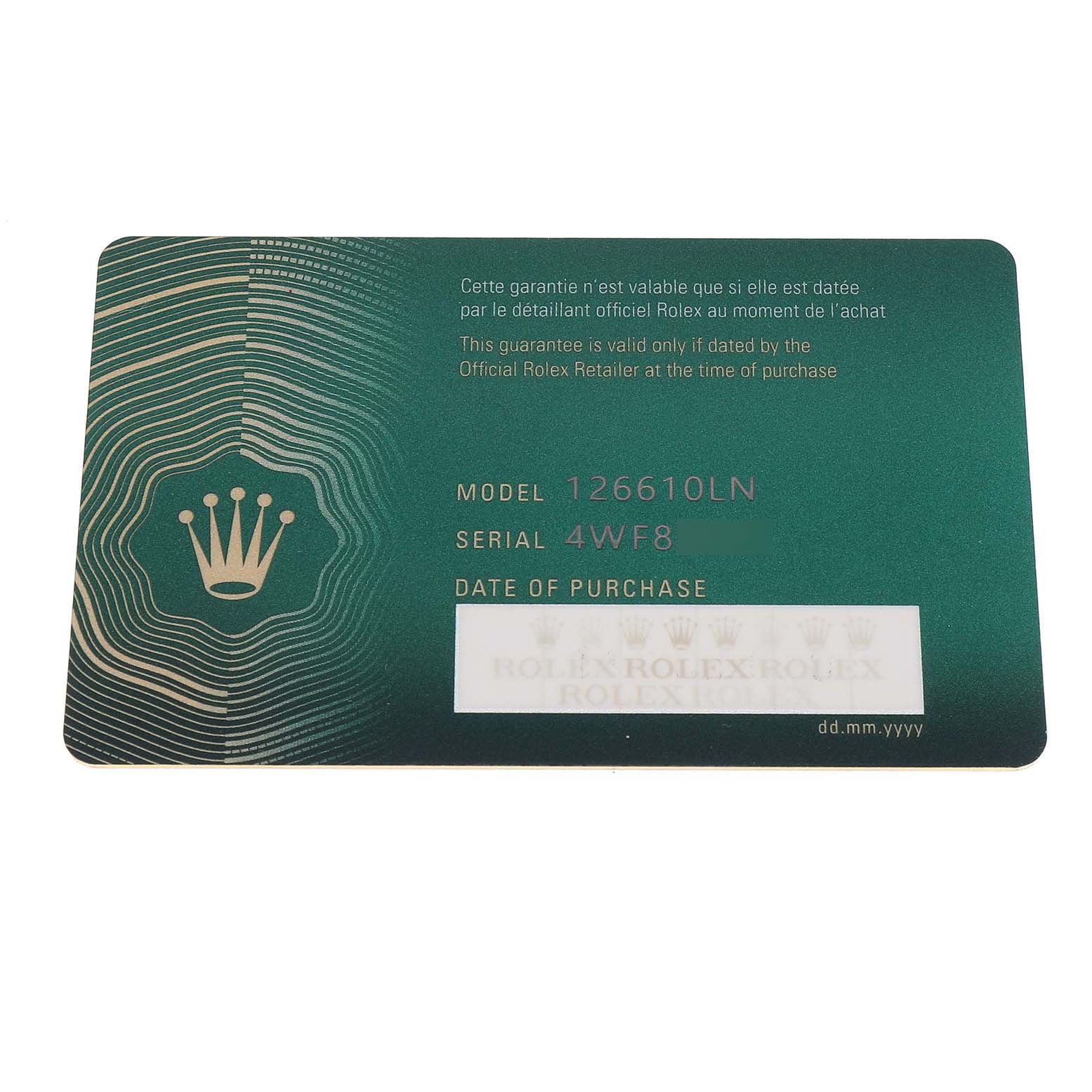The image shows a warranty card for a Rolex Submariner 126610LN Men's Stainless Steel Black Dial, Model 126610LN, with serial number and purchase details.