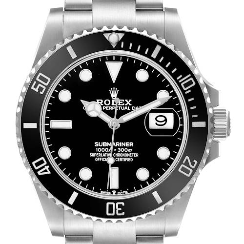 The Rolex Submariner 126610LN Men's Stainless Steel Black Dial watch is shown from a front angle, highlighting the dial, bezel, crown, and part of the bracelet.