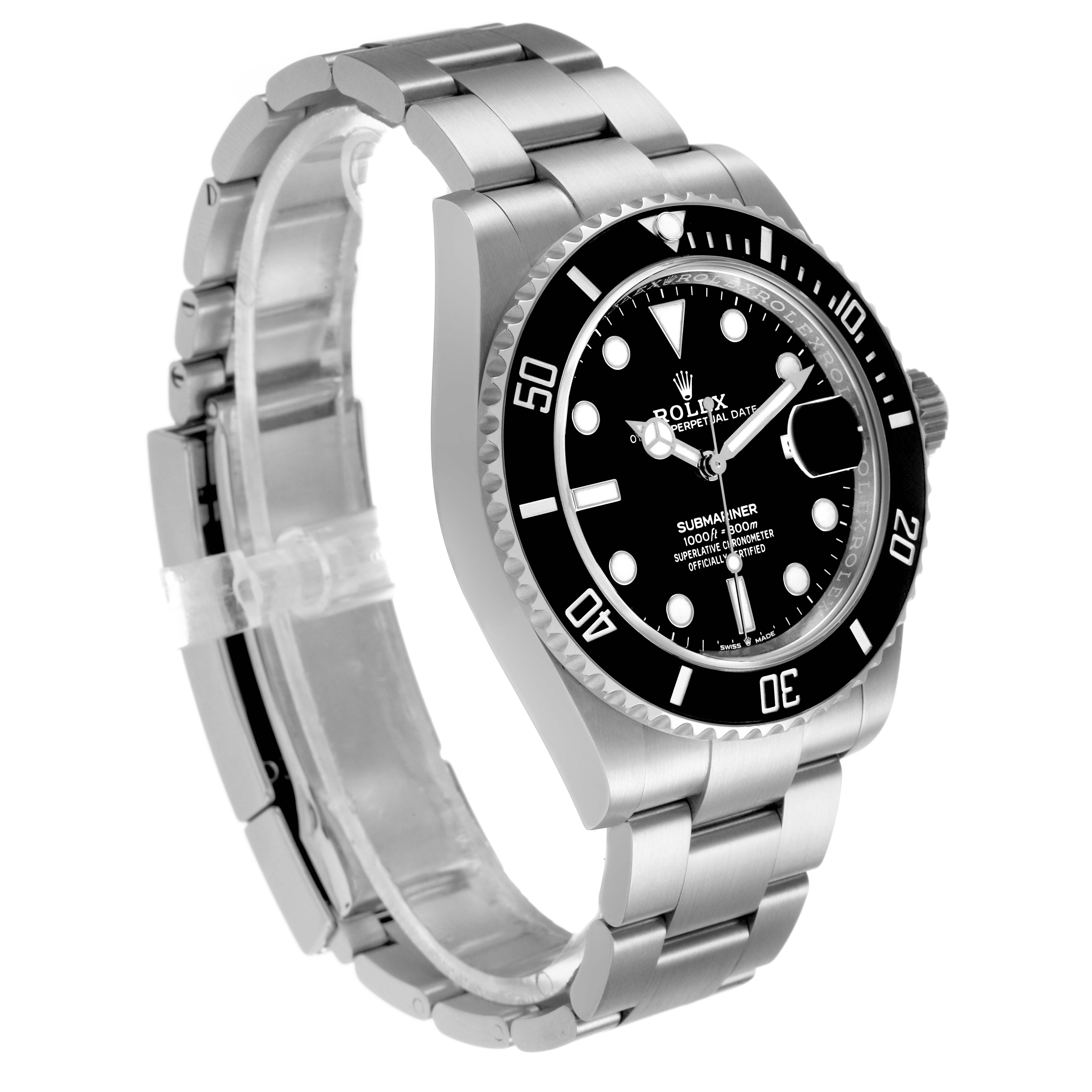 The Rolex Submariner 126610LN Men's Stainless Steel Black Dial is shown at a three-quarter angle, highlighting the dial, bezel, and metal bracelet.