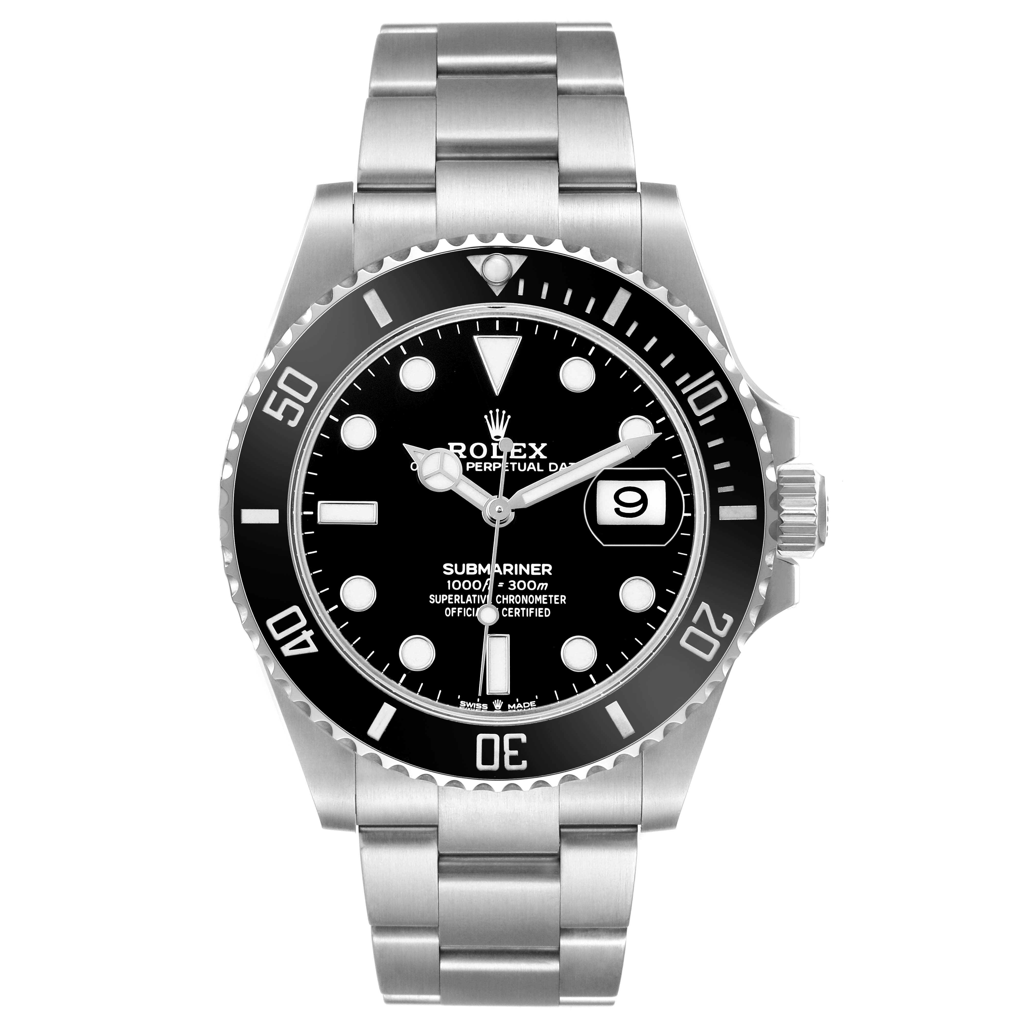 The Rolex Submariner 126610LN Men's Stainless Steel Black Dial is shown from a top-down angle, displaying its bezel, dial, bracelet, and crown.