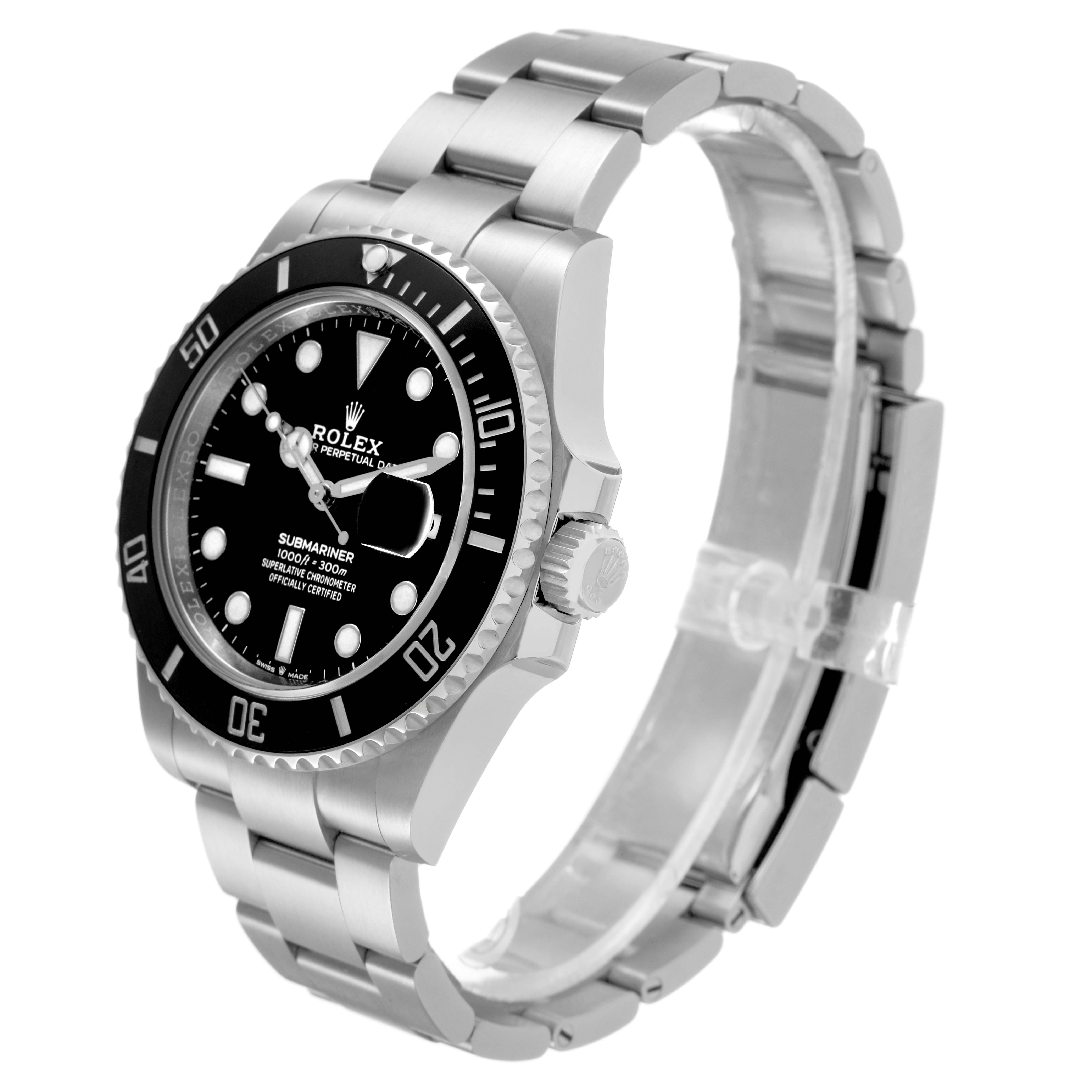 The Rolex Submariner 126610LN Men's Stainless Steel Black Dial watch is shown at a three-quarter angle, highlighting the dial, bezel, and bracelet.