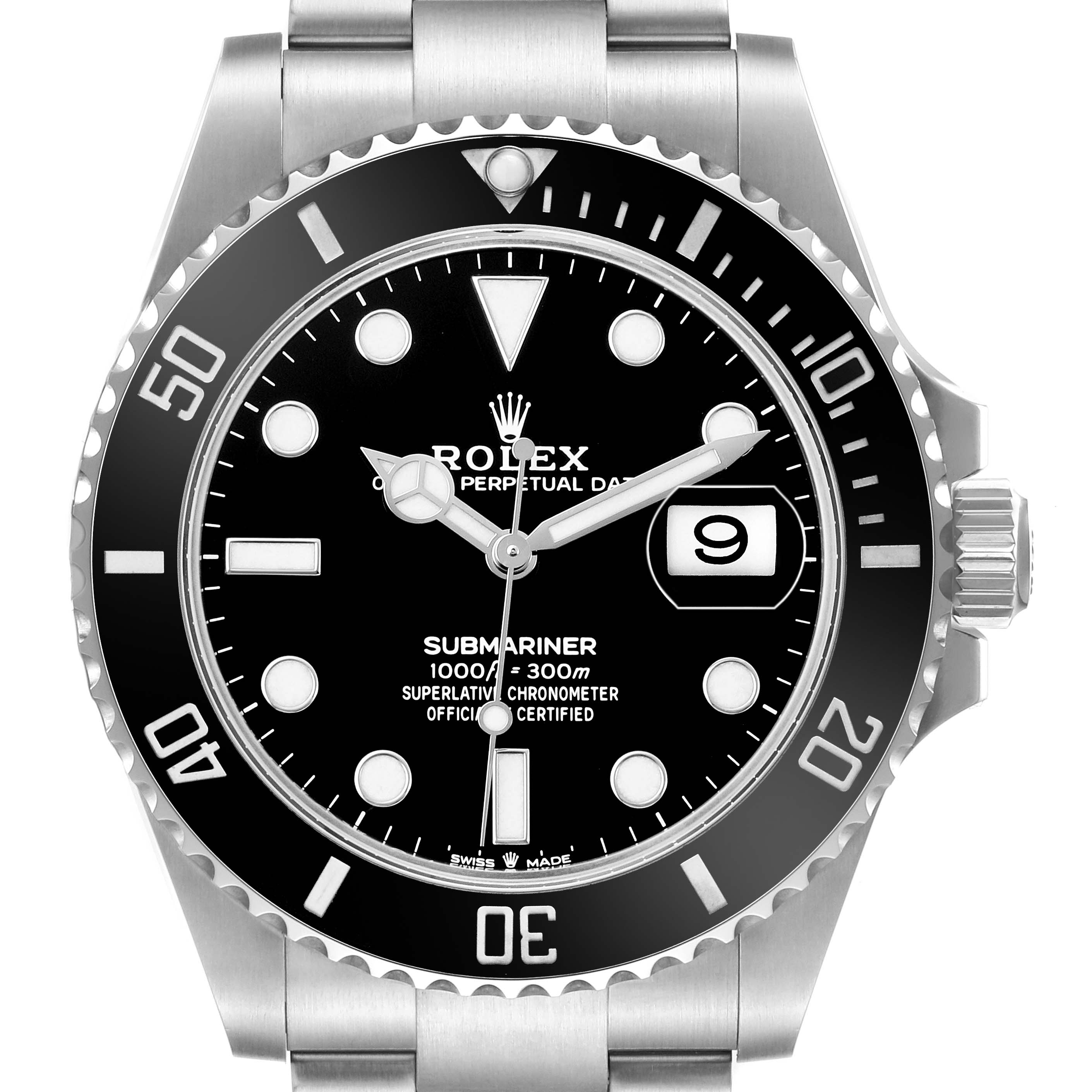 The Rolex Submariner 126610LN Men's Stainless Steel Black Dial watch is shown from a front-facing angle, displaying the dial, bezel, crown, and bracelet.