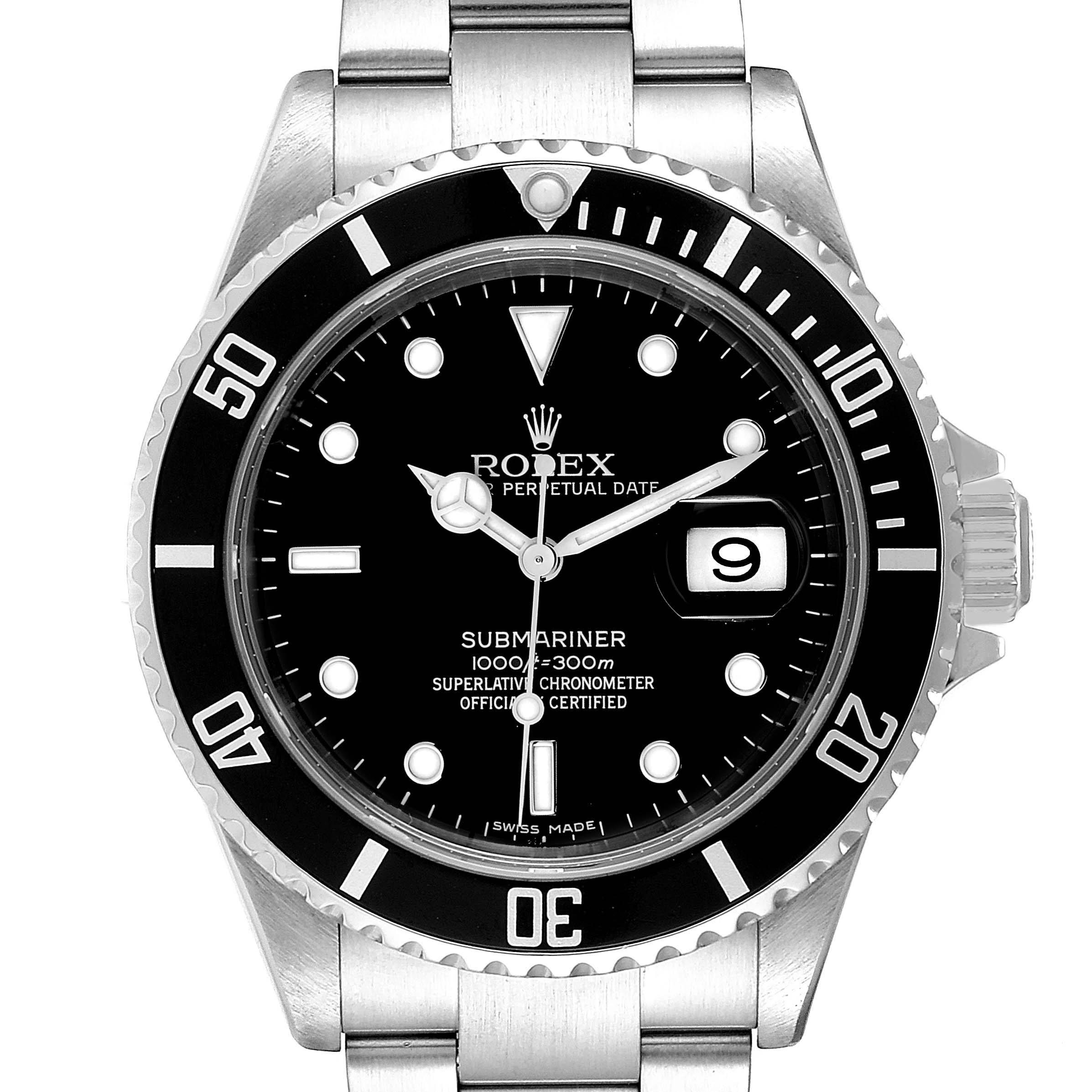 This image shows a front view of the Rolex Submariner 16610 Men's Stainless Steel Black Dial 16610 Men's Stainless Steel Black Dial watch, highlighting the dial, bezel, and bracelet.