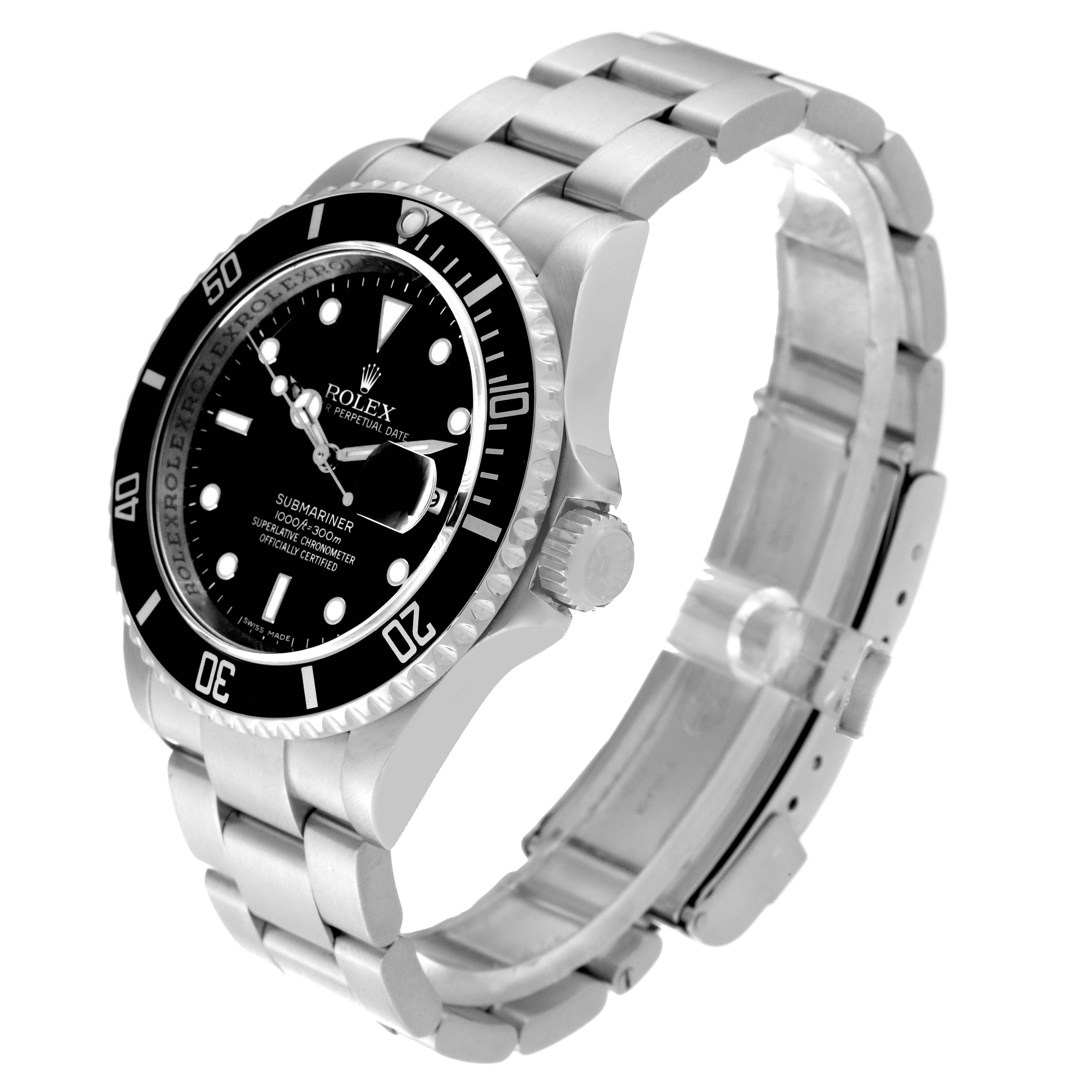 The Rolex Submariner 16610 Men
s Stainless Steel Black Dial 16610 Men
s Stainless Steel Black Dial watch is shown at a three-quarter angle, highlighting the dial, bezel, crown, and stainless steel bracelet.