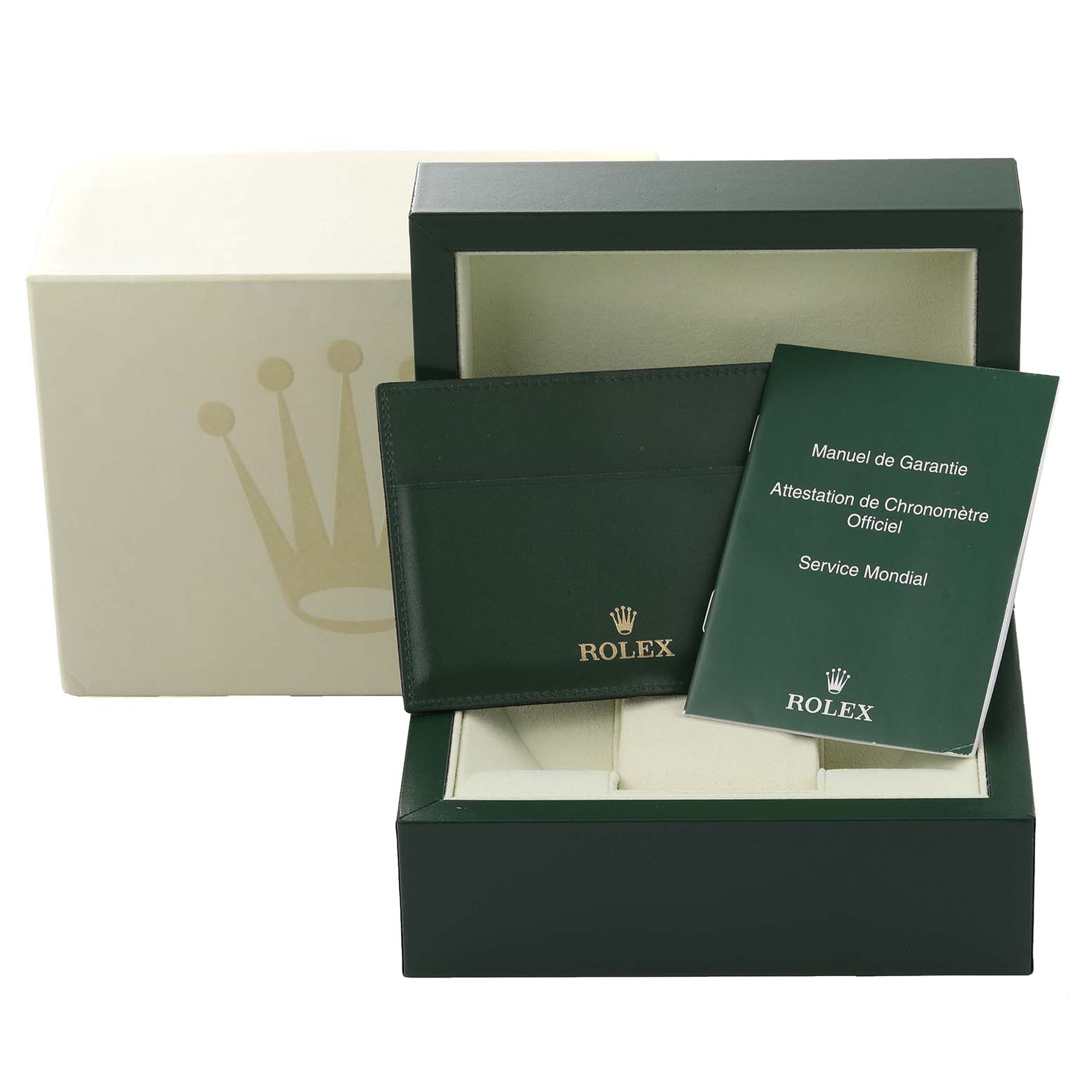 The image shows the packaging of a Rolex Submariner 16610 Men
s Stainless Steel Black Dial 16610 Men
s Stainless Steel Black Dial watch, including the box, manual, and warranty card holder.