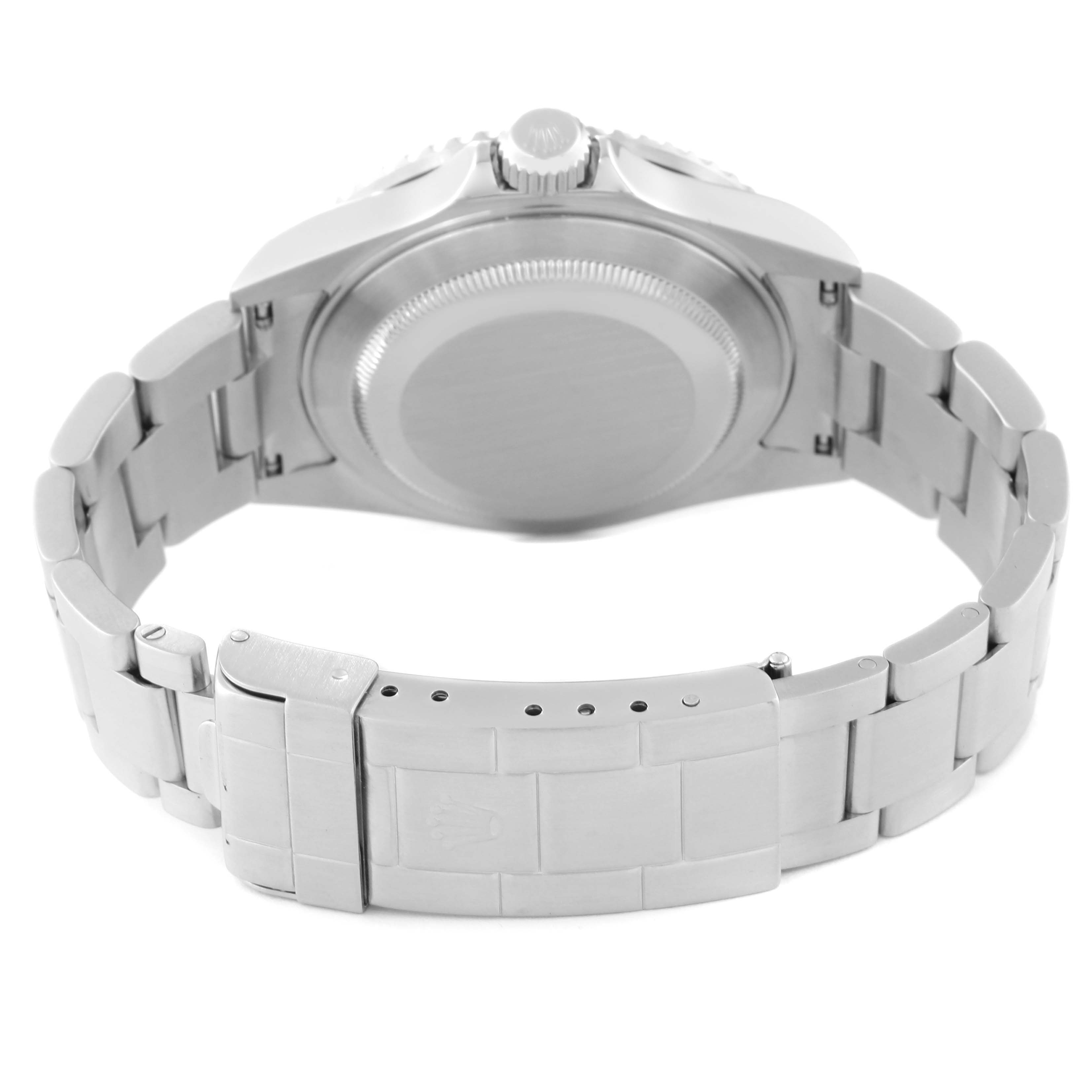 The image shows the back of a Rolex Submariner 16610 Men
s Stainless Steel Black Dial 16610 Men
s Stainless Steel Black Dial, including the case back, bracelet, and clasp at a slightly elevated angle.