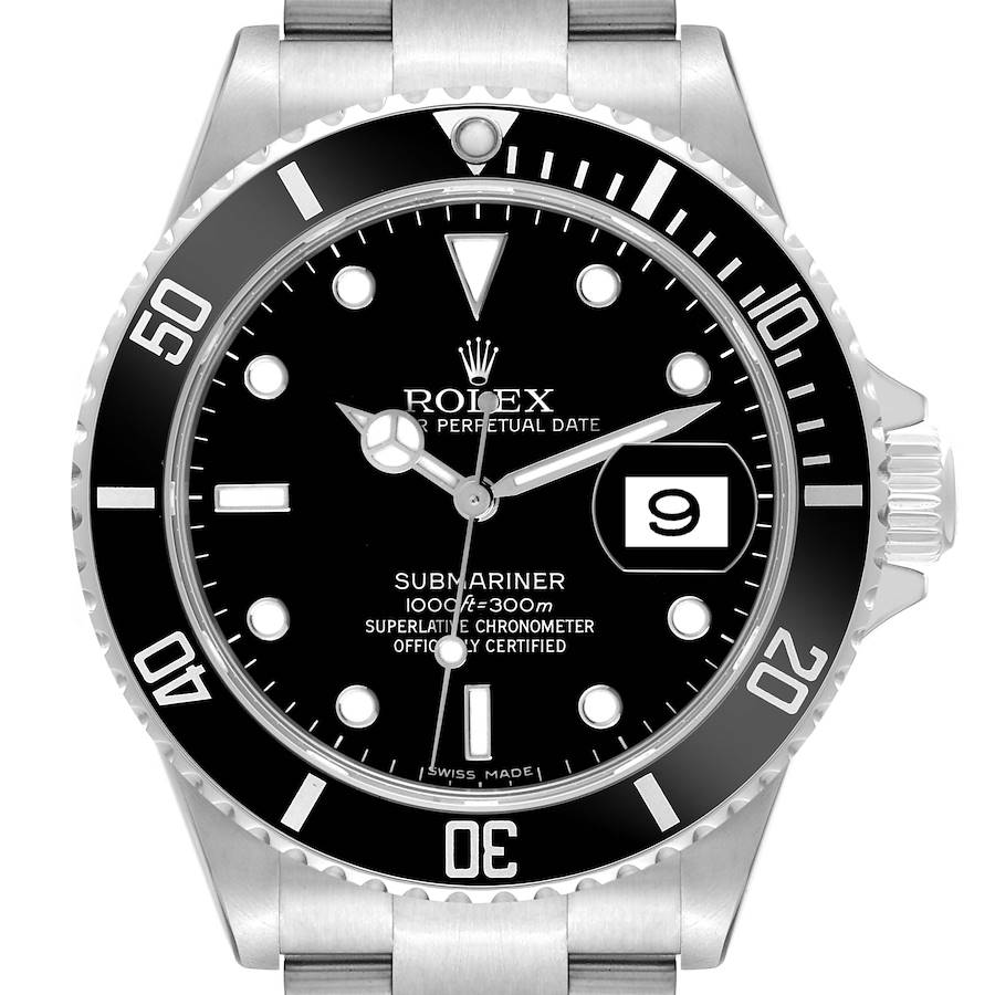 The image shows a front view of a Rolex Submariner, highlighting the dial, bezel, hands, date window, and part of the bracelet.