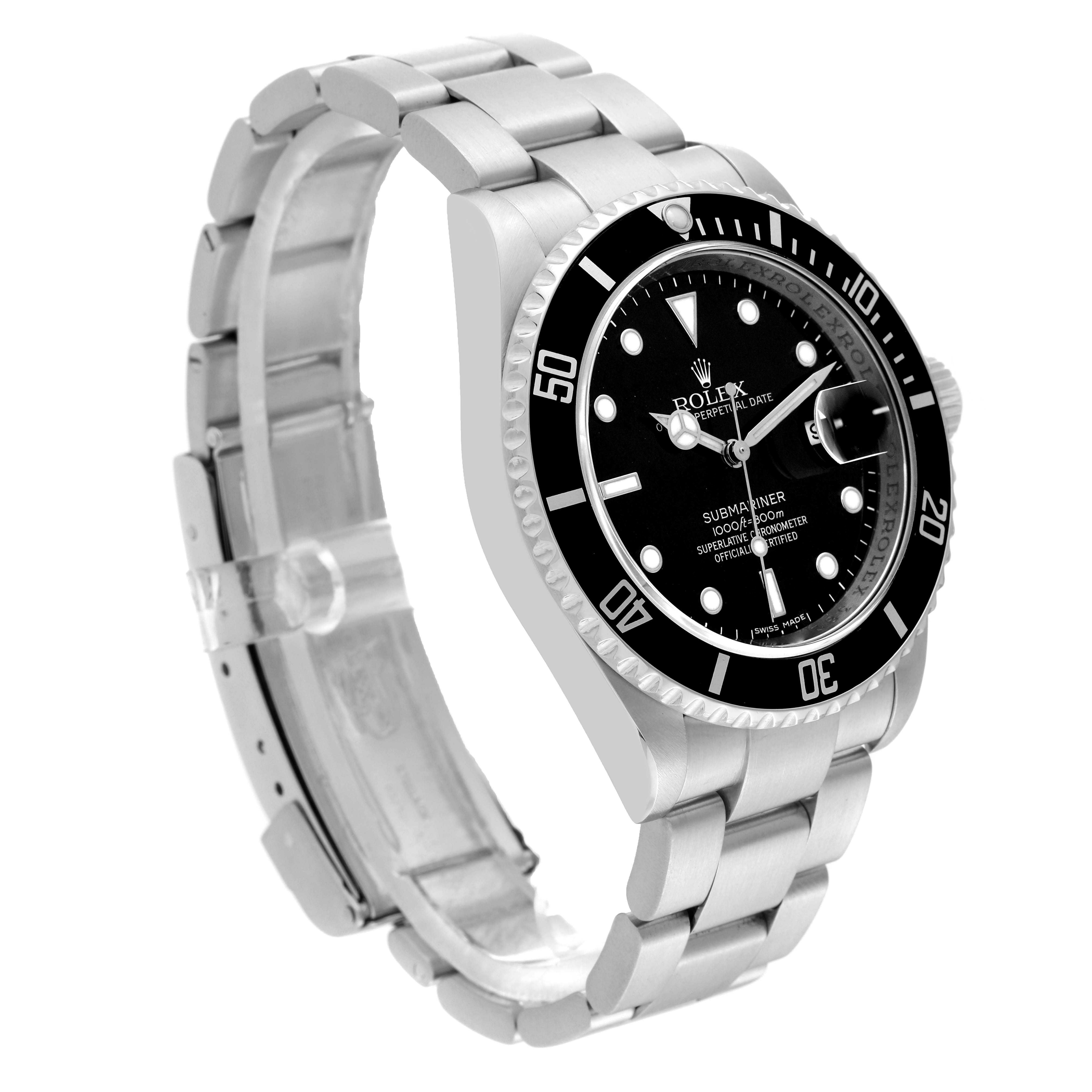 The Rolex Submariner 16610 Men
s Stainless Steel Black Dial 16610 Men
s Stainless Steel Black Dial watch is shown at an angled front view, highlighting the bezel, dial, and stainless steel bracelet.
