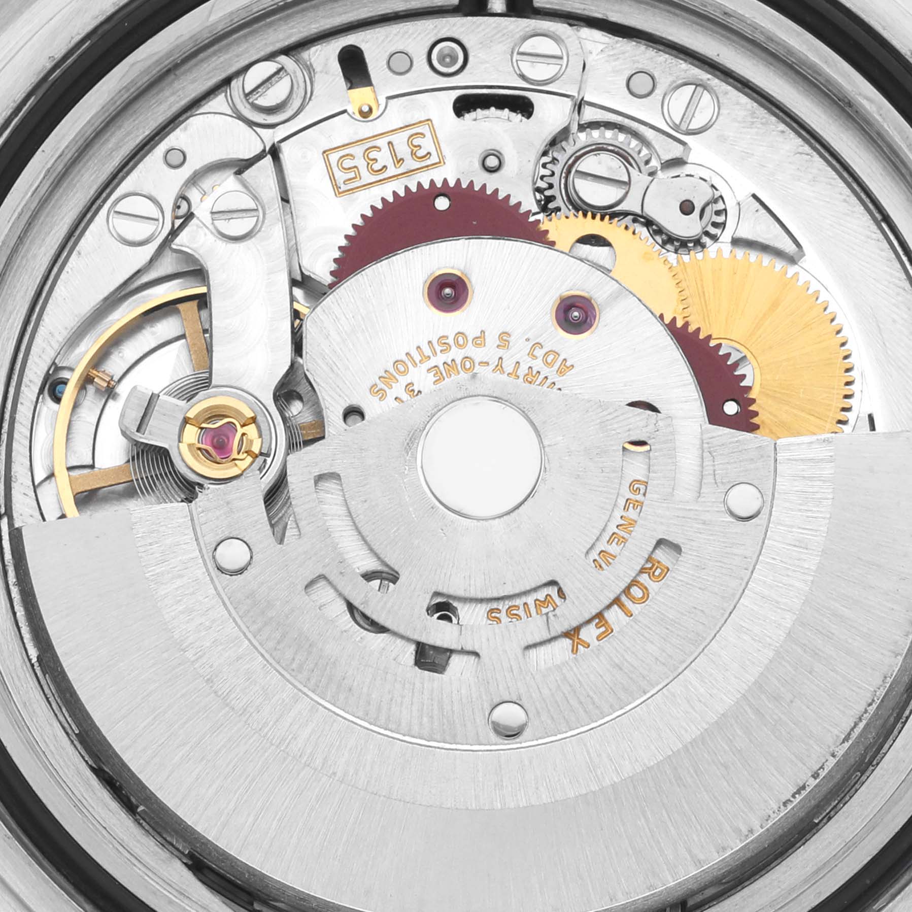 The image shows a close-up of the movement inside a Rolex Submariner 16610 Men
s Stainless Steel Black Dial 16610 Men
s Stainless Steel Black Dial, highlighting gears and the rotor.