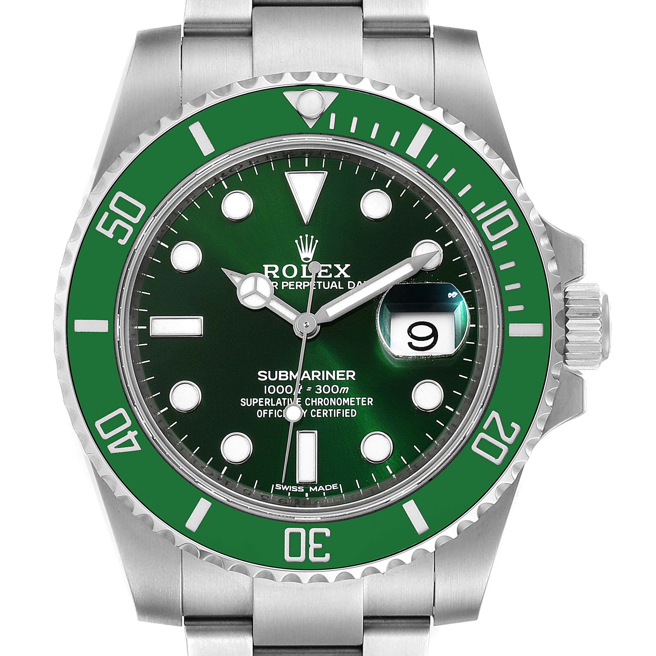 This image shows a front view of a Rolex Submariner 116610LV Men
s Stainless Steel Green Dial 116610LV Men
s Stainless Steel Green Dial watch, displaying its green bezel, dial, and date feature.