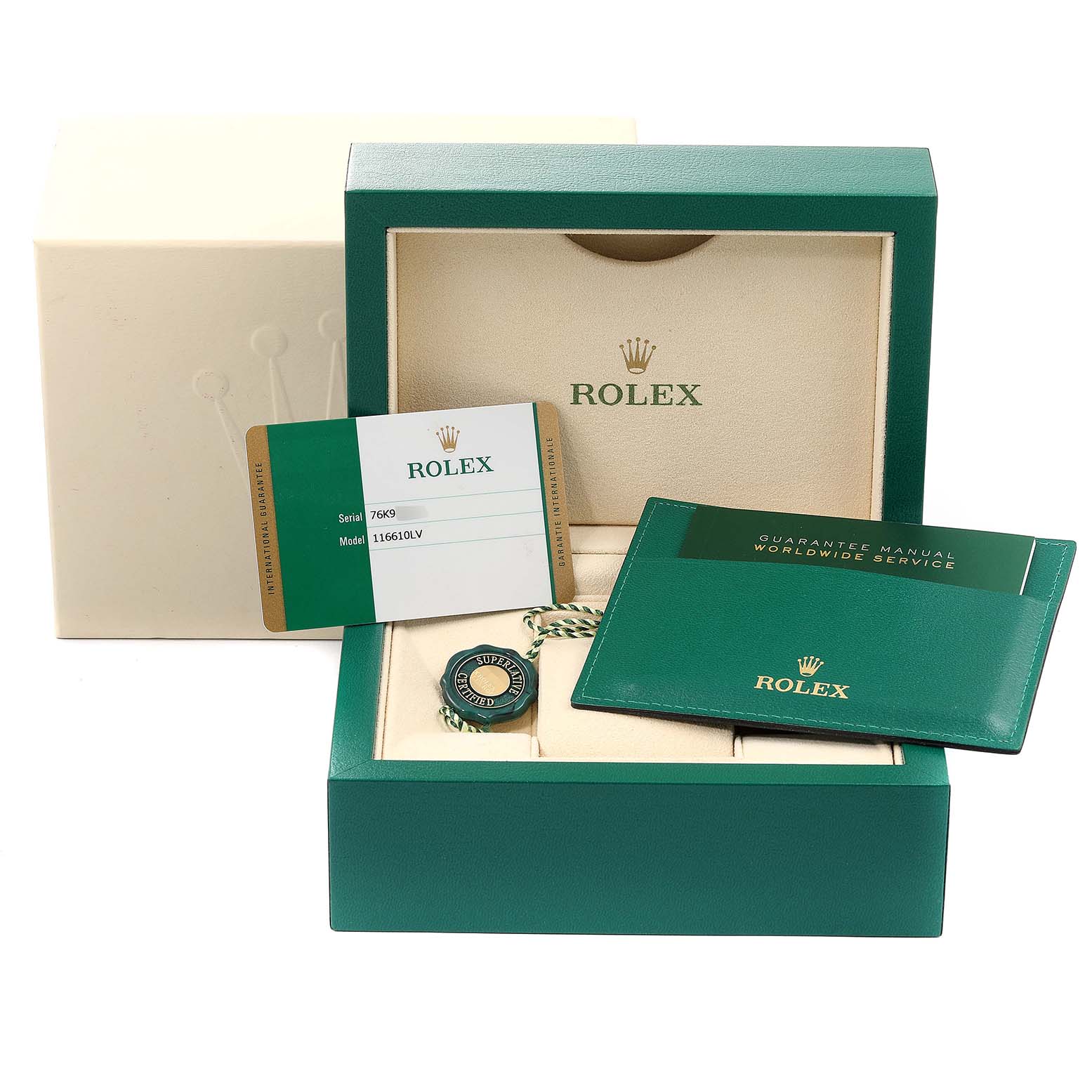The image shows a top view of a Rolex Submariner 116610LV Men
s Stainless Steel Green Dial 116610LV Men
s Stainless Steel Green Dial box with warranty card, manual, and Best Quality
ity tag.