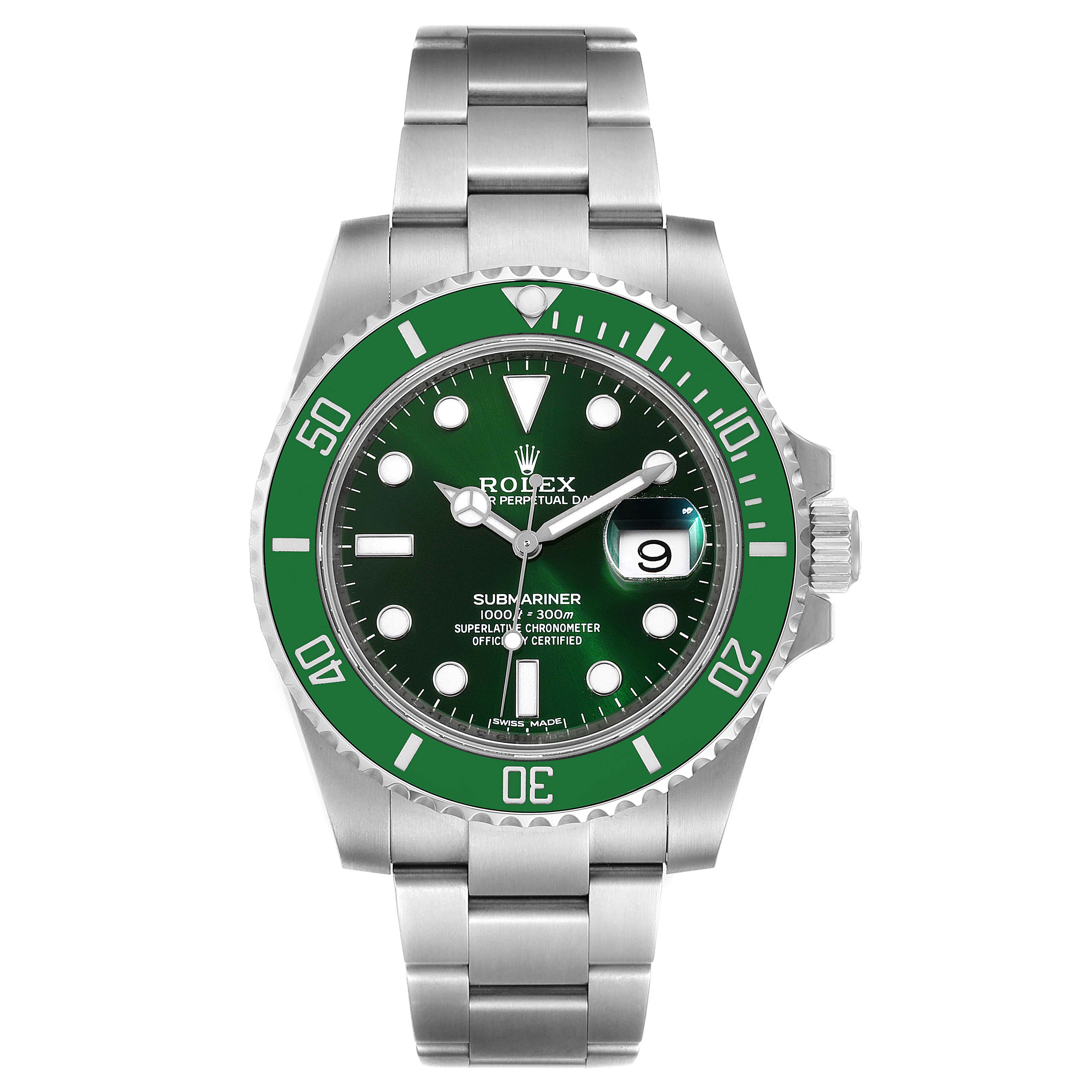 The image shows a front view of a Rolex Submariner 116610LV Men
s Stainless Steel Green Dial 116610LV Men
s Stainless Steel Green Dial watch with a green bezel and dial, complete with its stainless steel bracelet.