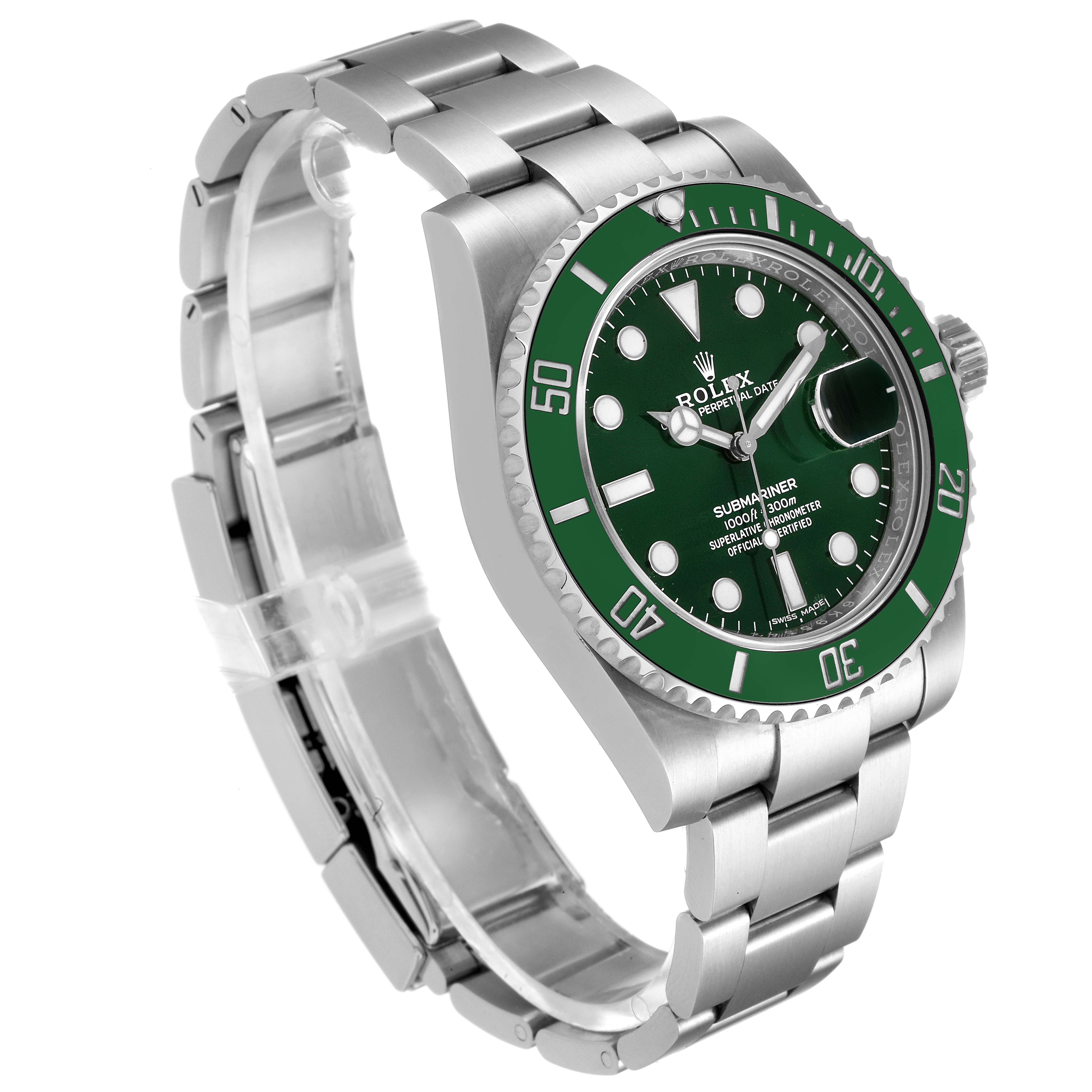 The Rolex Submariner 116610LV Men
s Stainless Steel Green Dial 116610LV Men
s Stainless Steel Green Dial watch is shown at a three-quarter angle, displaying its green bezel, dial, crown, and bracelet.