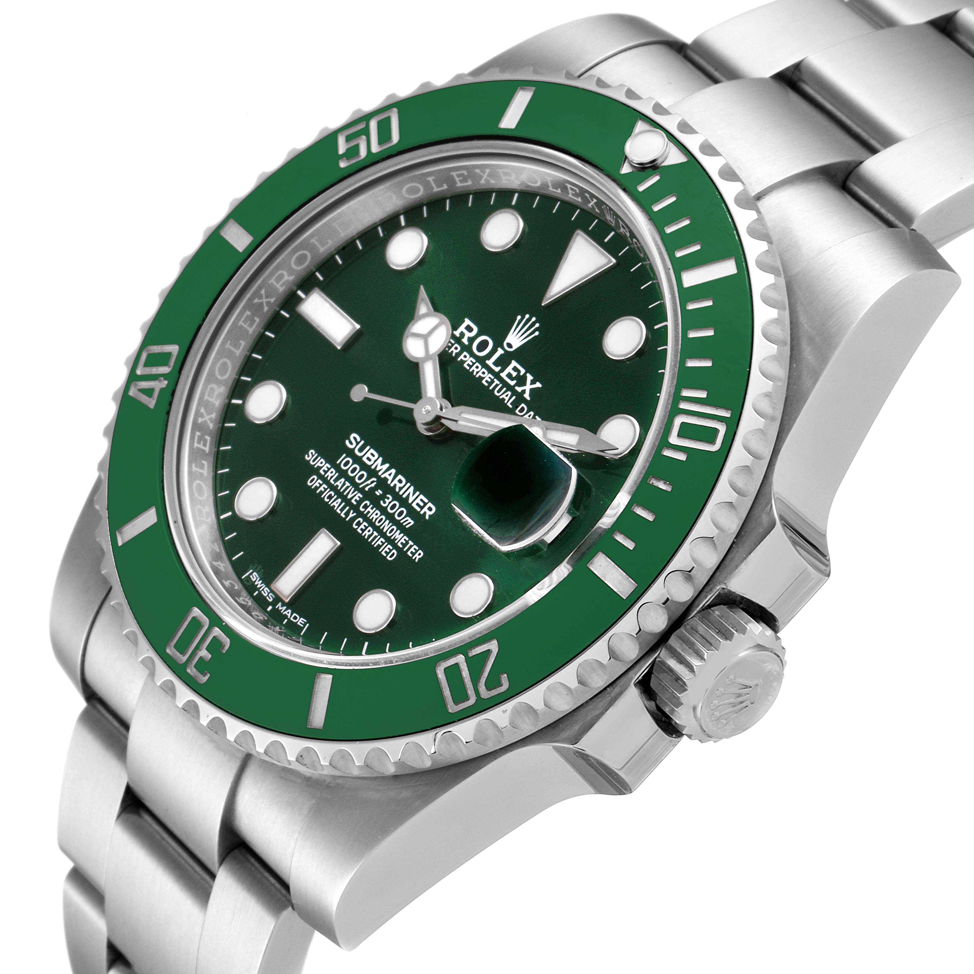 This image displays a Rolex Submariner 116610LV Men
s Stainless Steel Green Dial 116610LV Men
s Stainless Steel Green Dial watch at an angle showing the face, dial, bezel, crown, and part of the bracelet.
