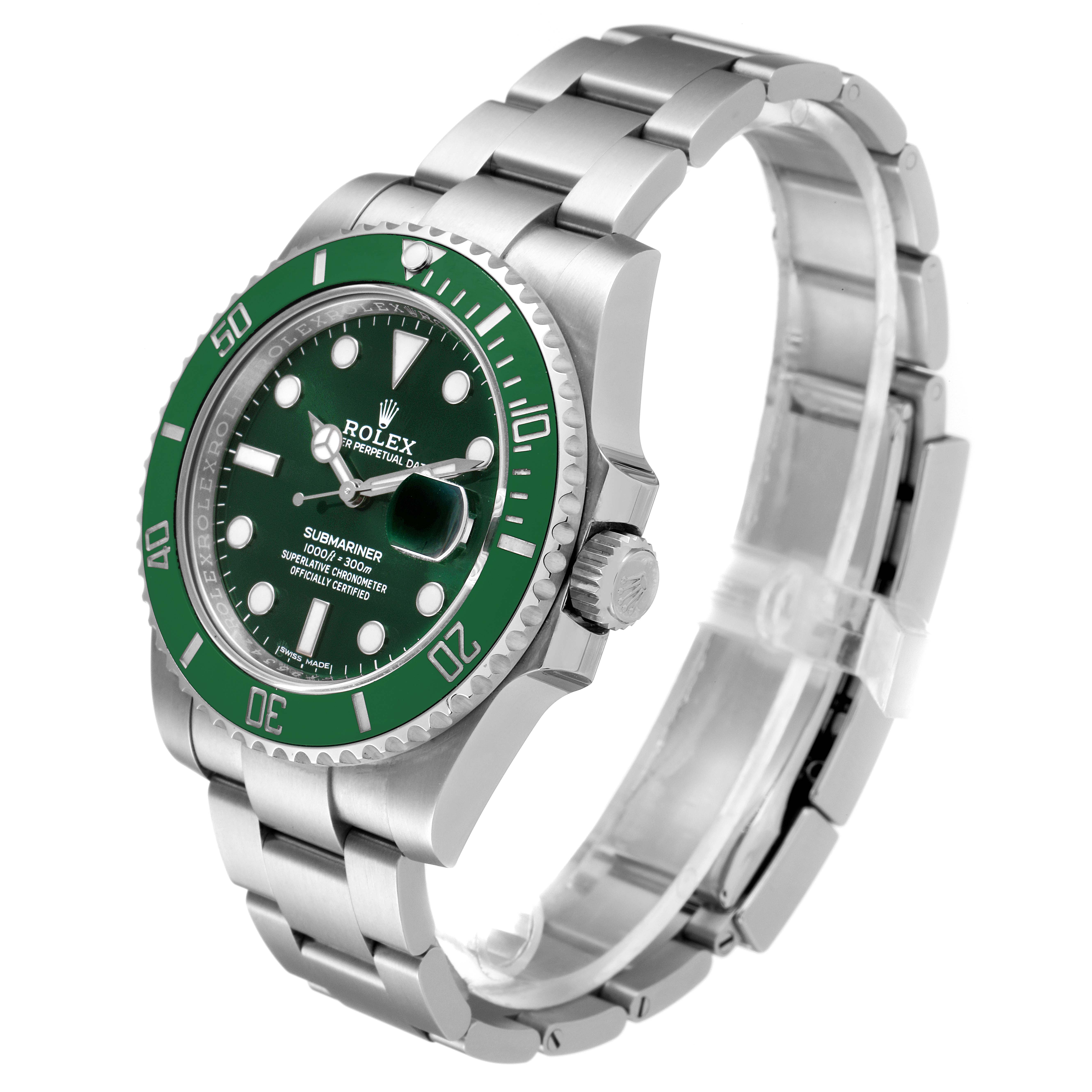 This image shows a Rolex Submariner 116610LV Men
s Stainless Steel Green Dial 116610LV Men
s Stainless Steel Green Dial watch angled to display the dial, bezel, crown, and bracelet.