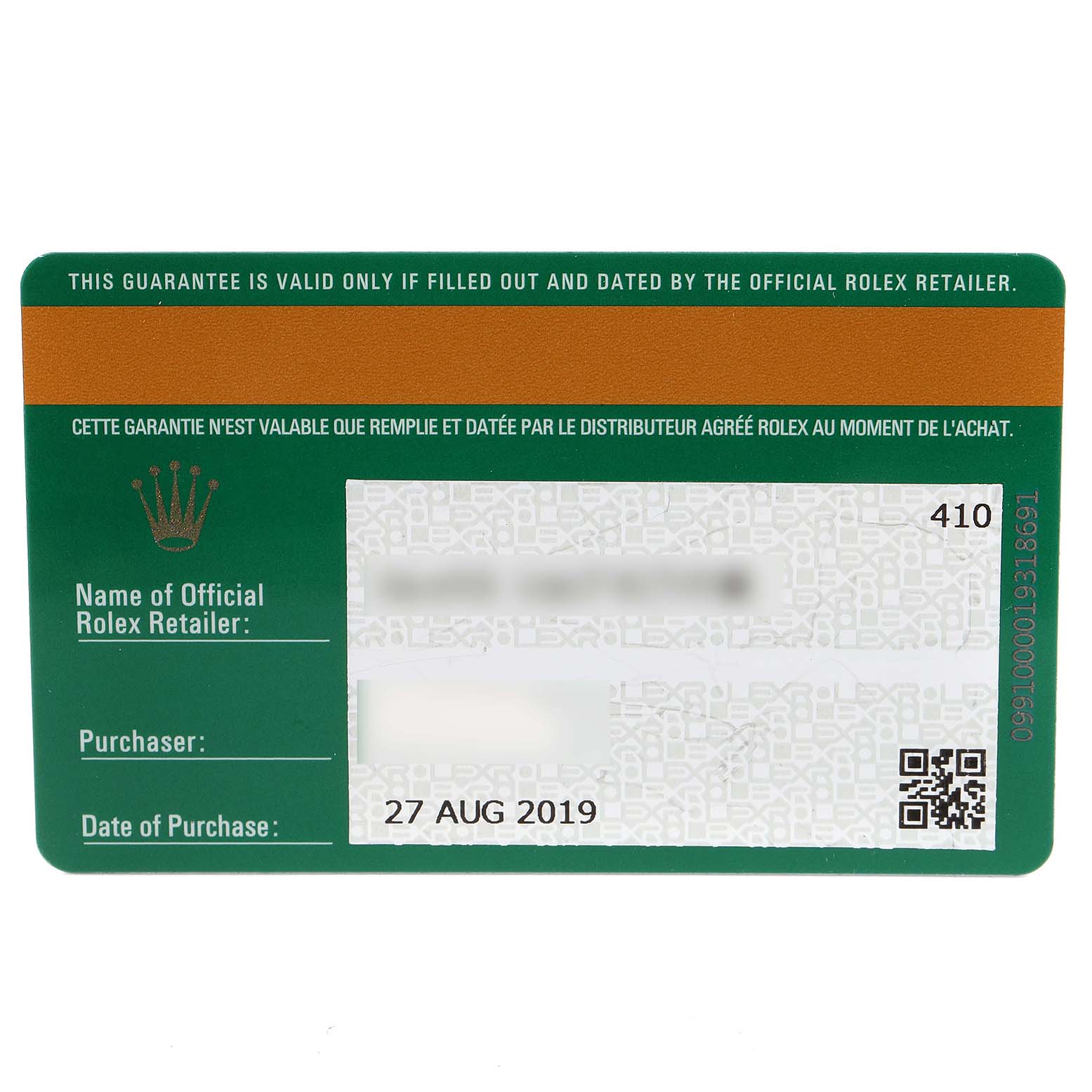 This image shows the warranty card for the Rolex Submariner 116610LV Men
s Stainless Steel Green Dial 116610LV Men
s Stainless Steel Green Dial, including retailer information, purchaser details, and date of purchase.