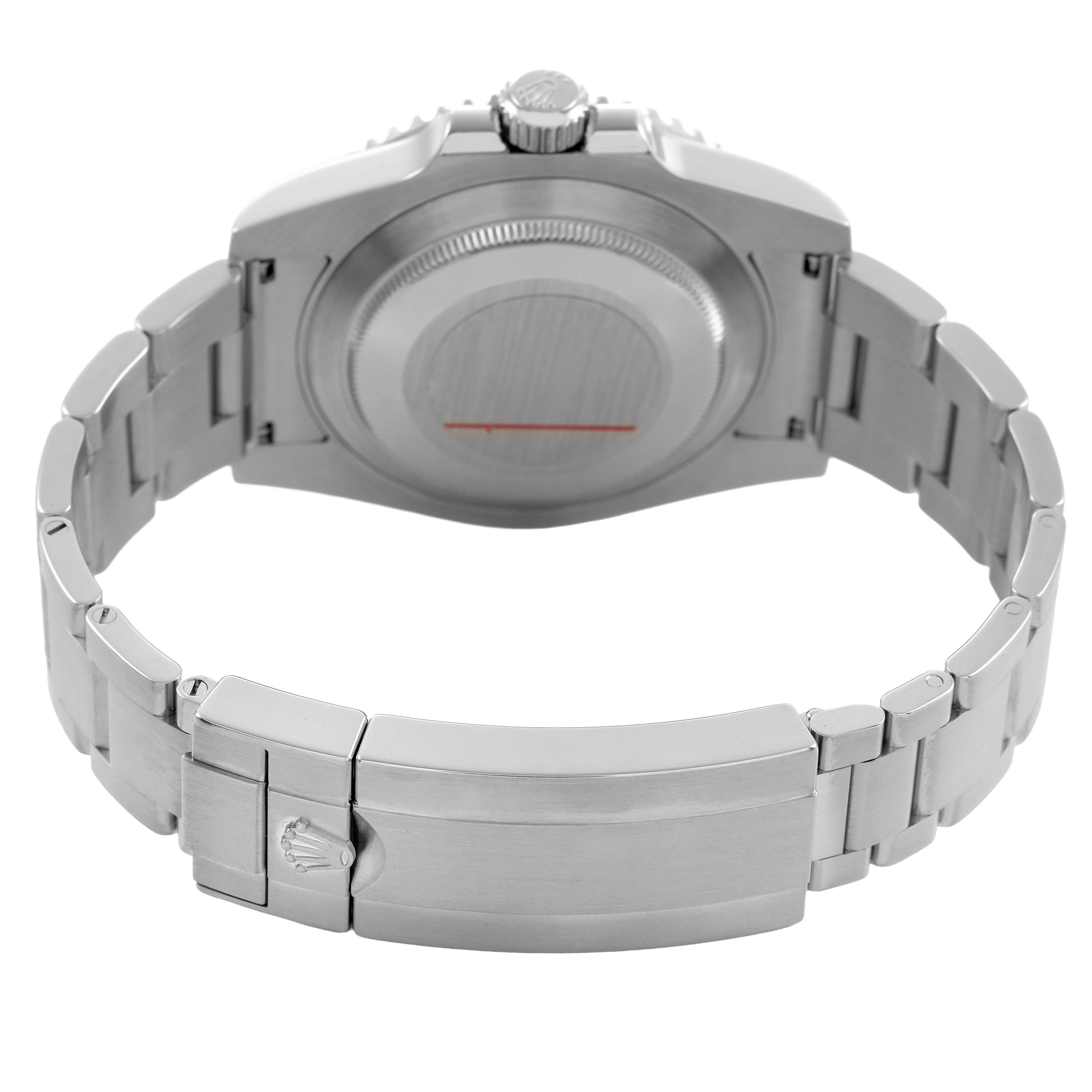 The image shows the back view of a Rolex Submariner 114060 Men's Stainless Steel Black Dial, highlighting the case back and bracelet clasp.