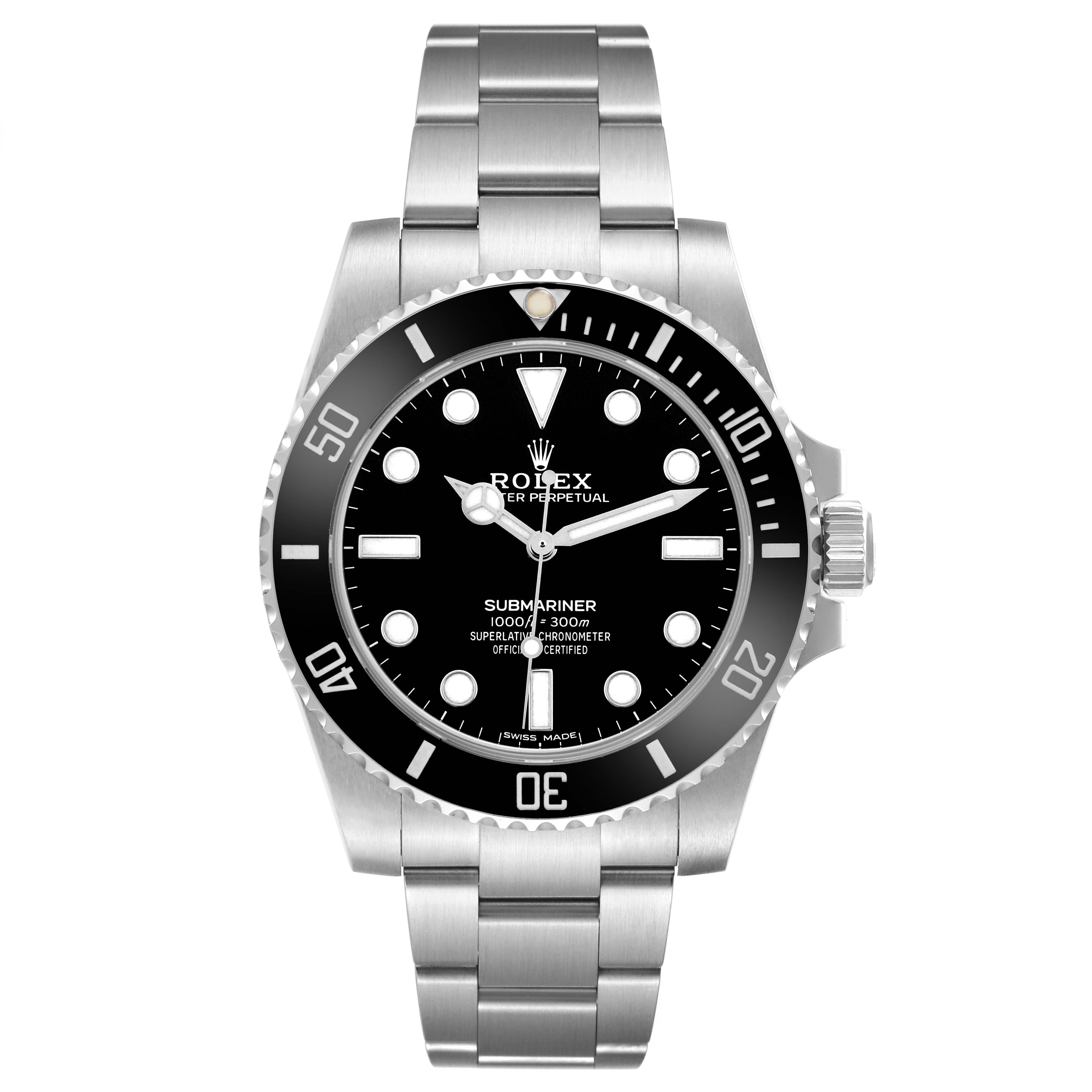 This Rolex Submariner 114060 Men's Stainless Steel Black Dial watch is shown from a front angle, highlighting its face, bezel, crown, and bracelet.
