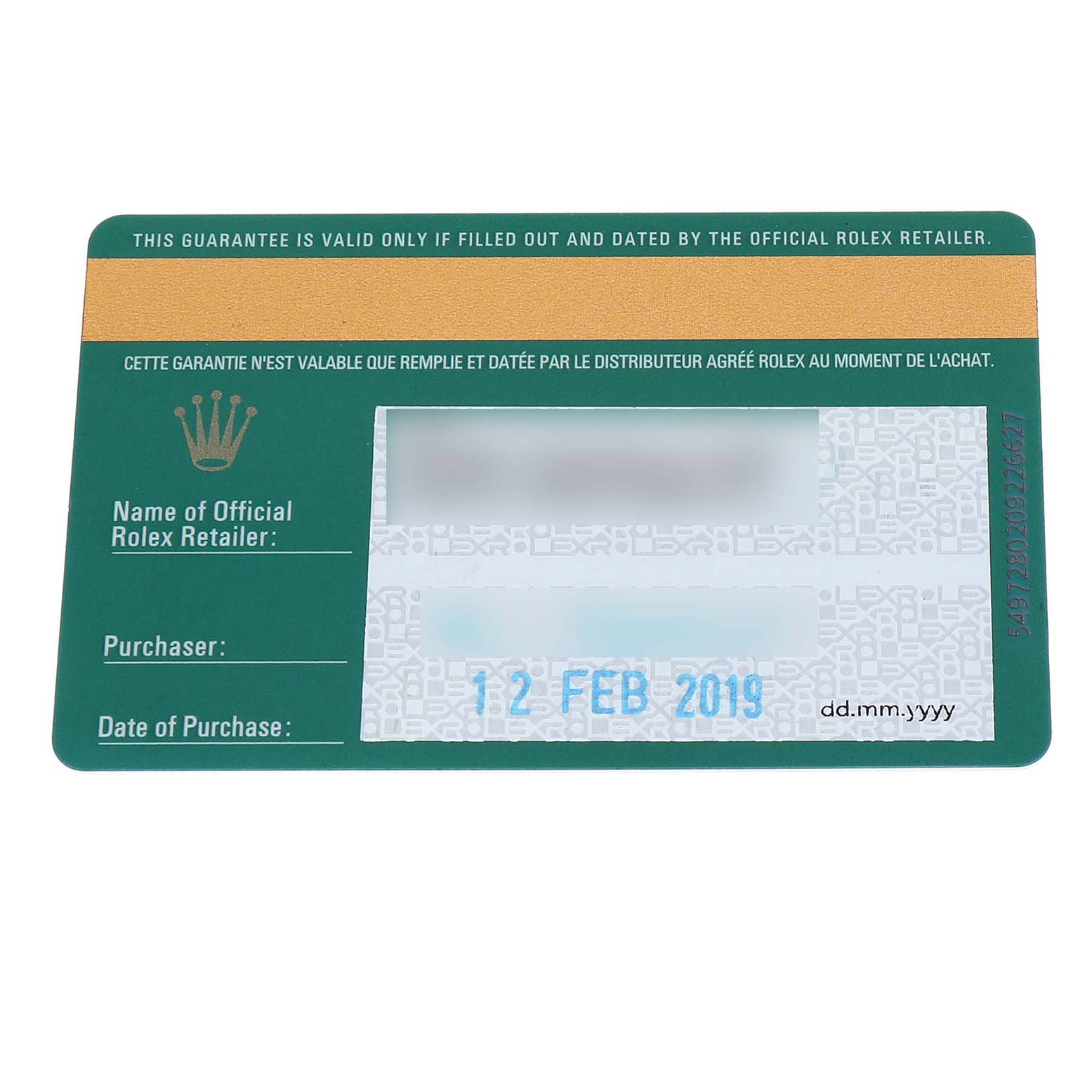 The image shows a Rolex guarantee card for the Submariner model, featuring purchase details.