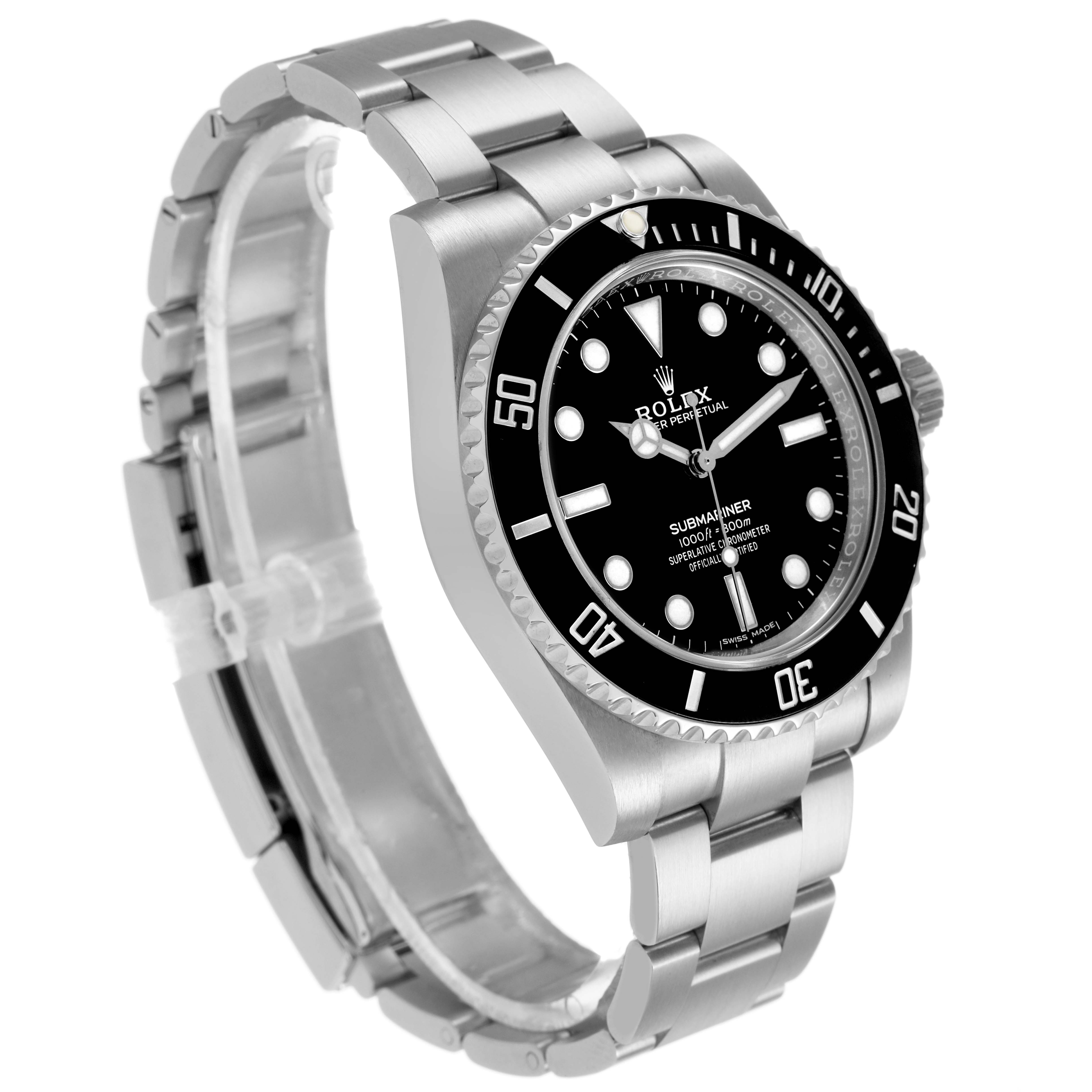 The Rolex Submariner 114060 Men's Stainless Steel Black Dial is shown at a slight angled side view, highlighting the bezel, dial, and bracelet.